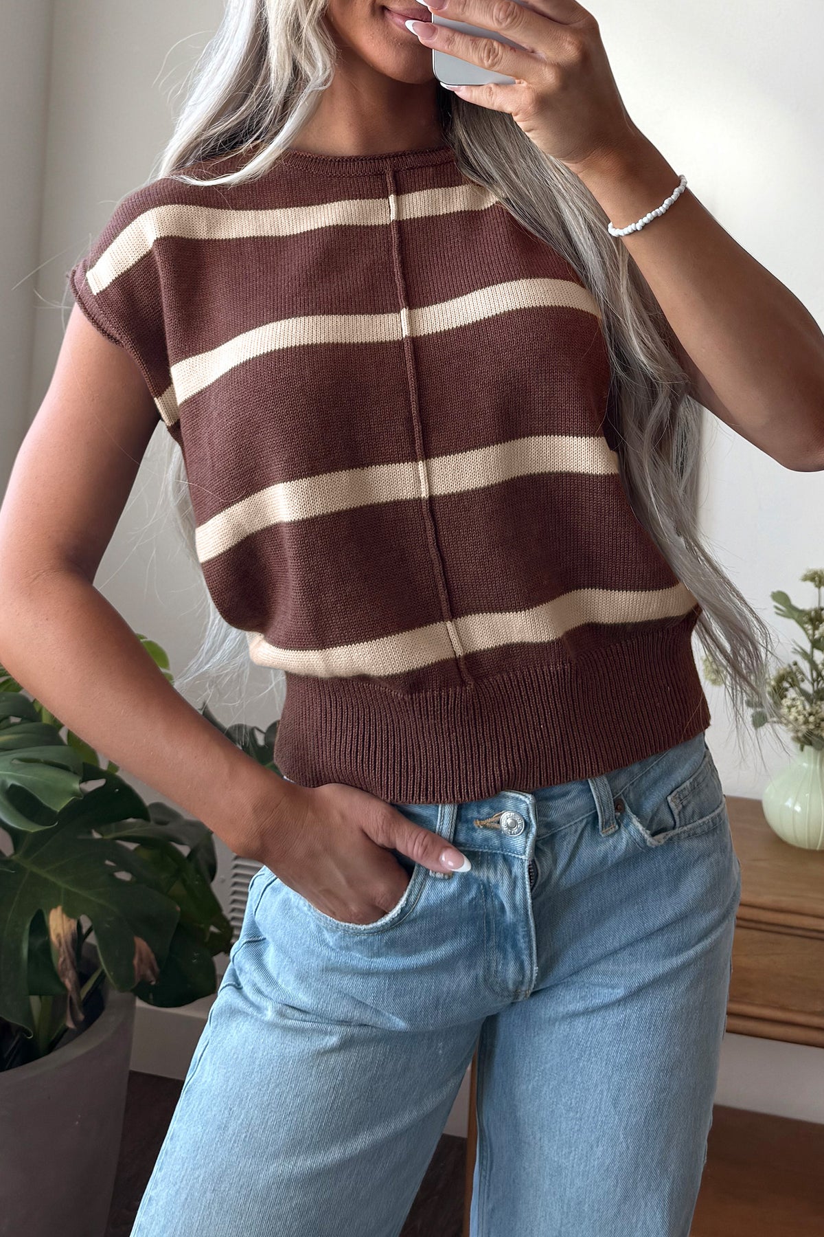 Striped Knit Short Sleeve Sweater