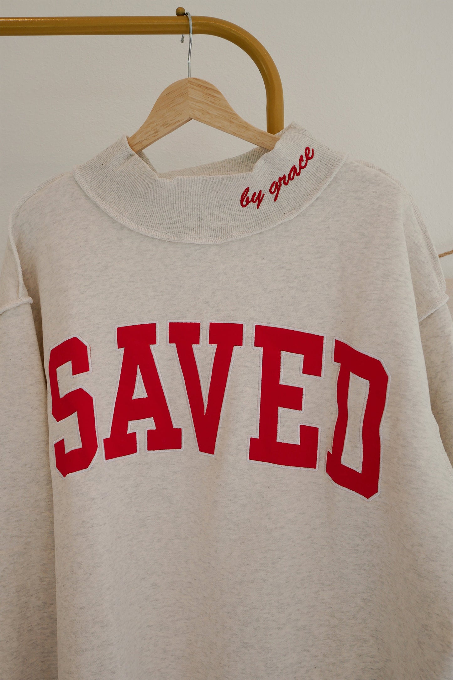 Saved By Grace Embroidered Detail Letter Graphic High Neck Sweatshirt