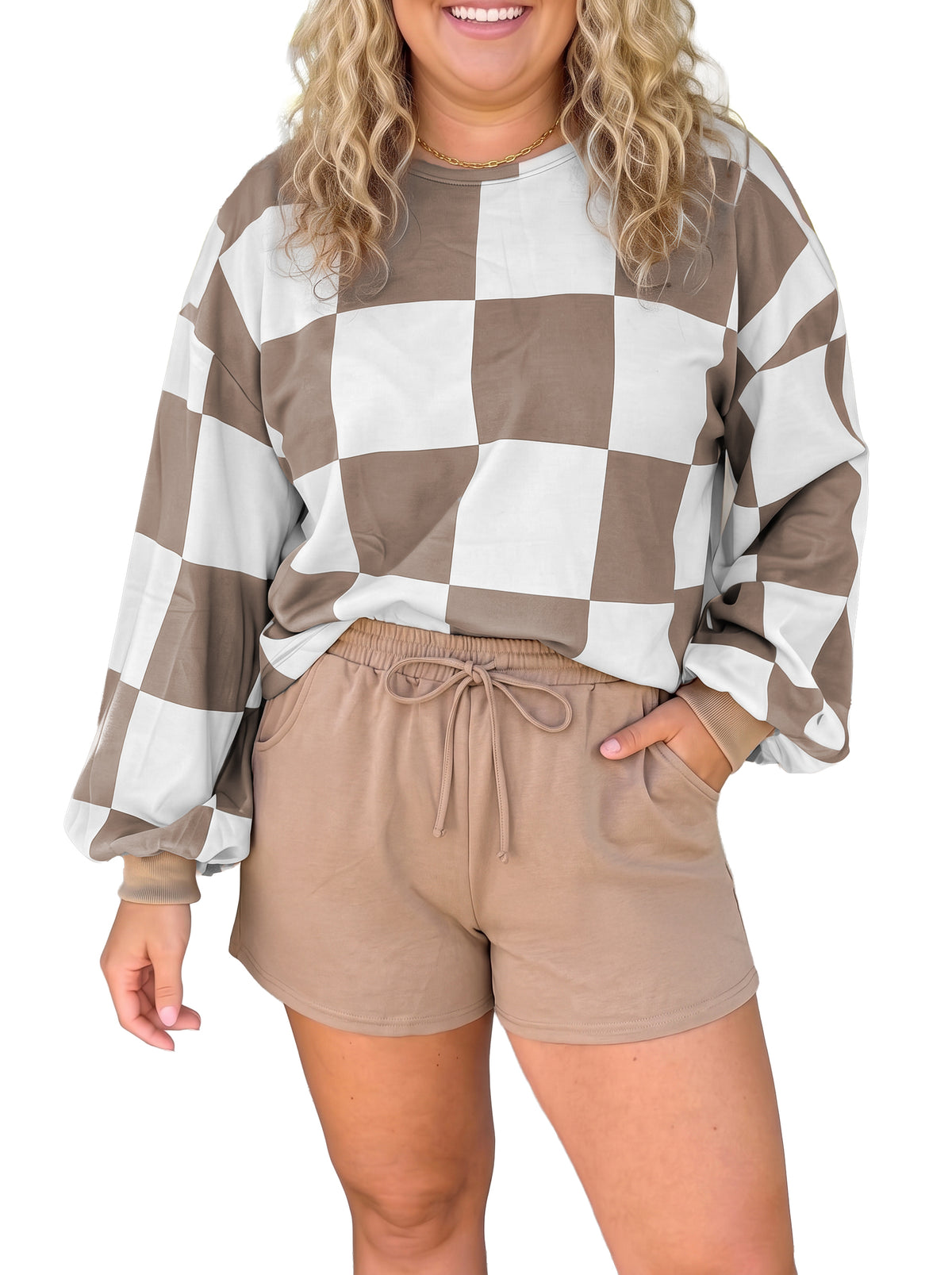 Checkered Contrast Long Sleeve Top Solid Shorts Set