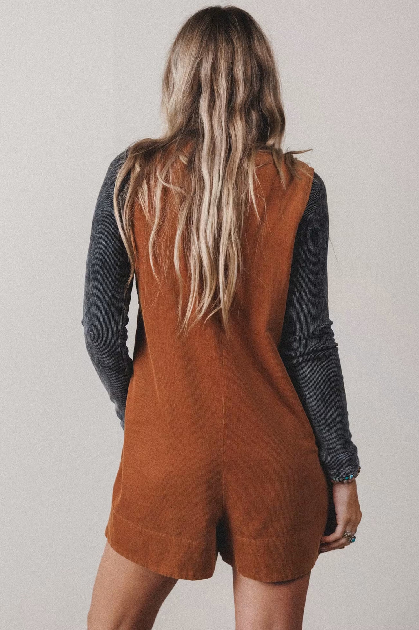 Solid Color Tie V Neck Sleeveless Corduroy Romper