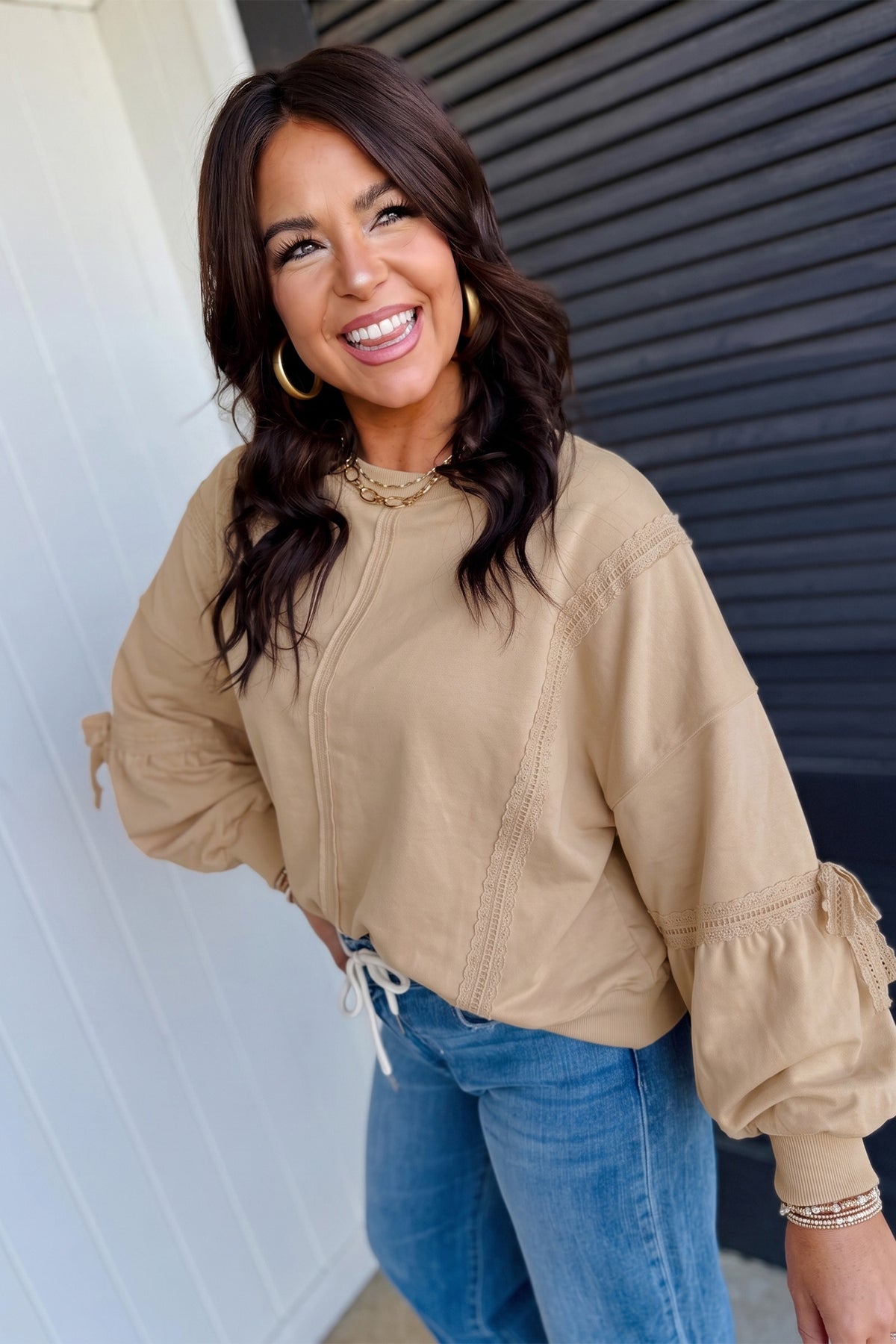 Solid Color Raw Seam Lace Detail Loose Casual Sweatshirt