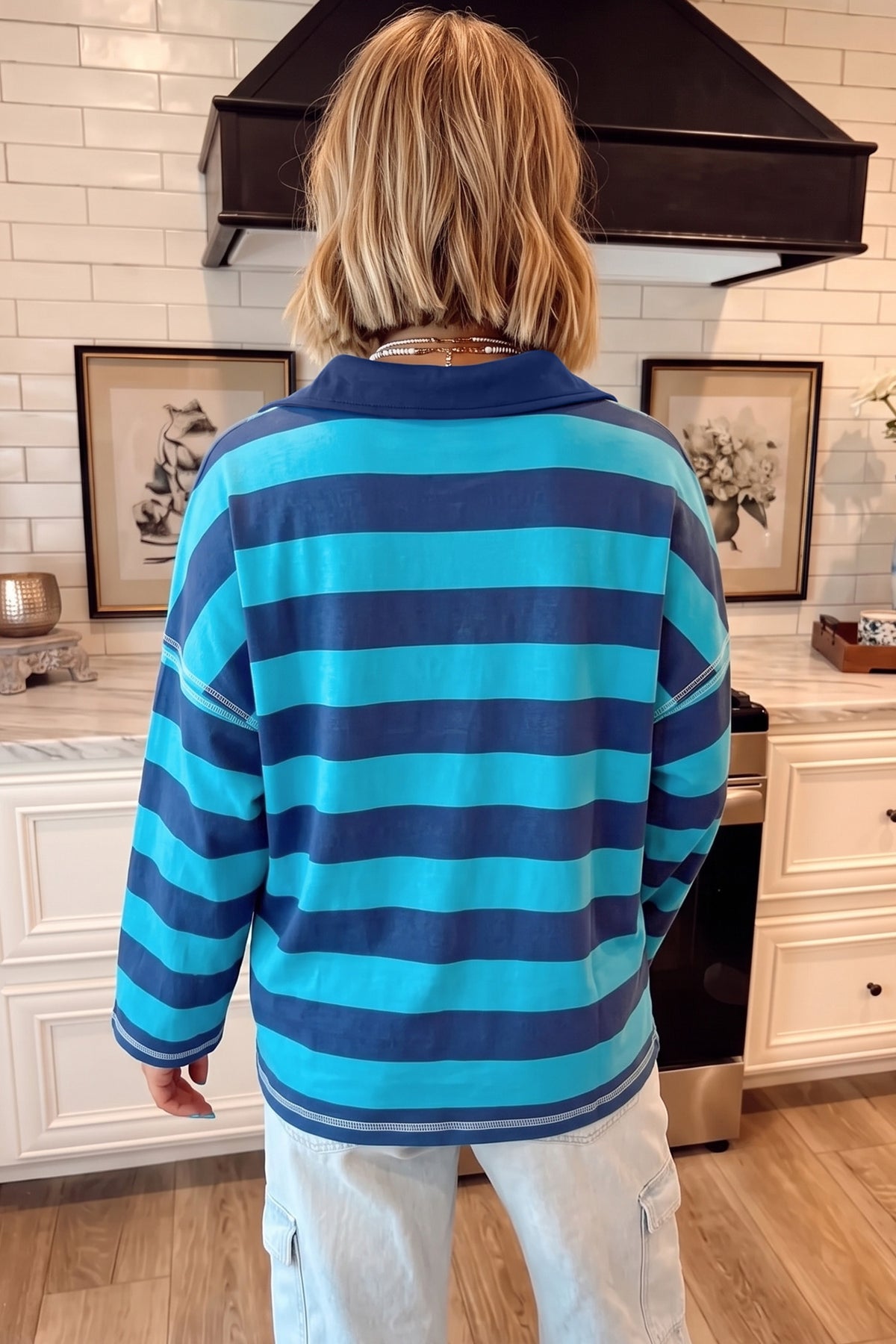 Stripe Contrast Polo Collar Bracelet Sleeve Loose Top