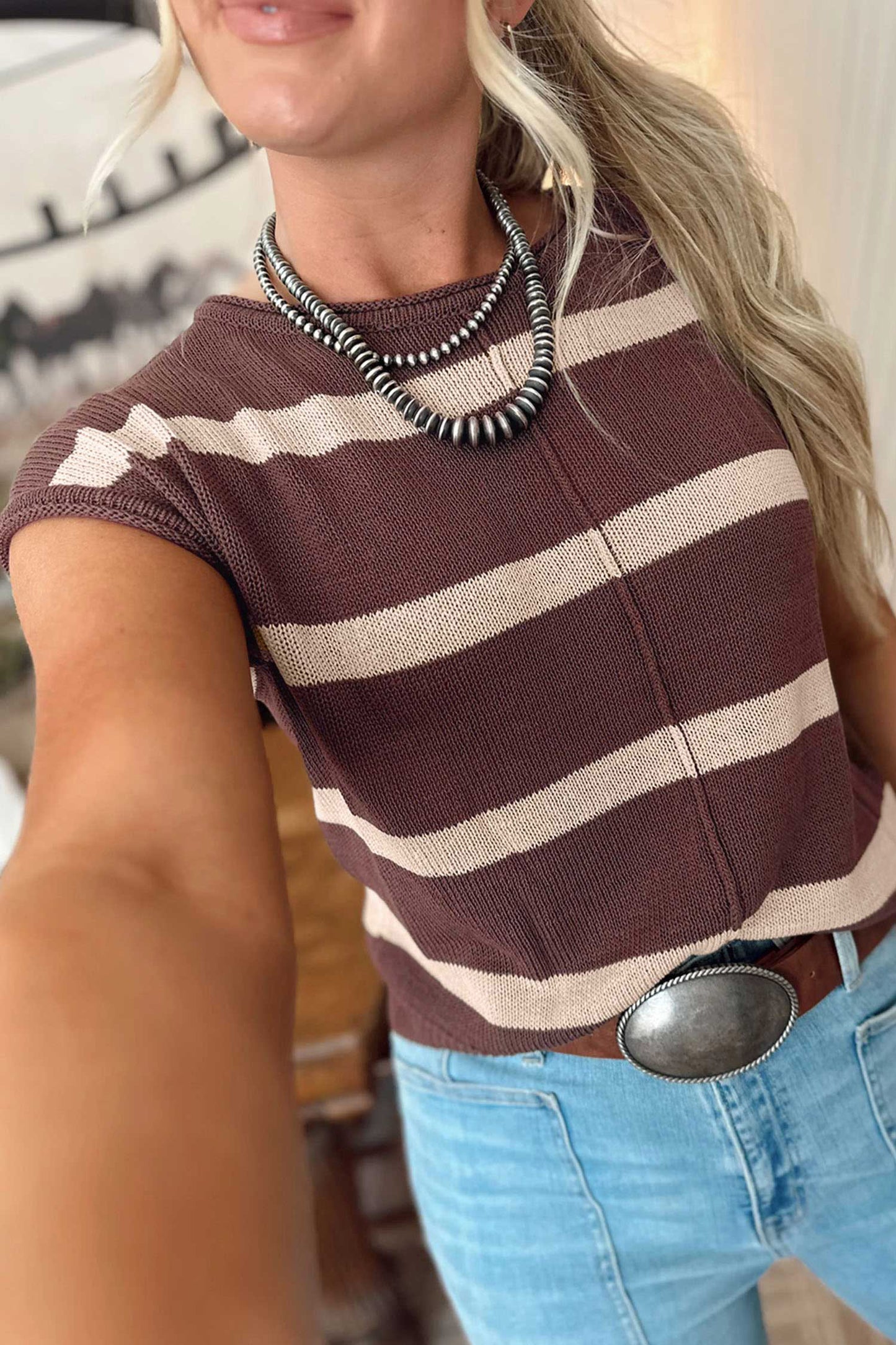 Striped Knit Short Sleeve Sweater
