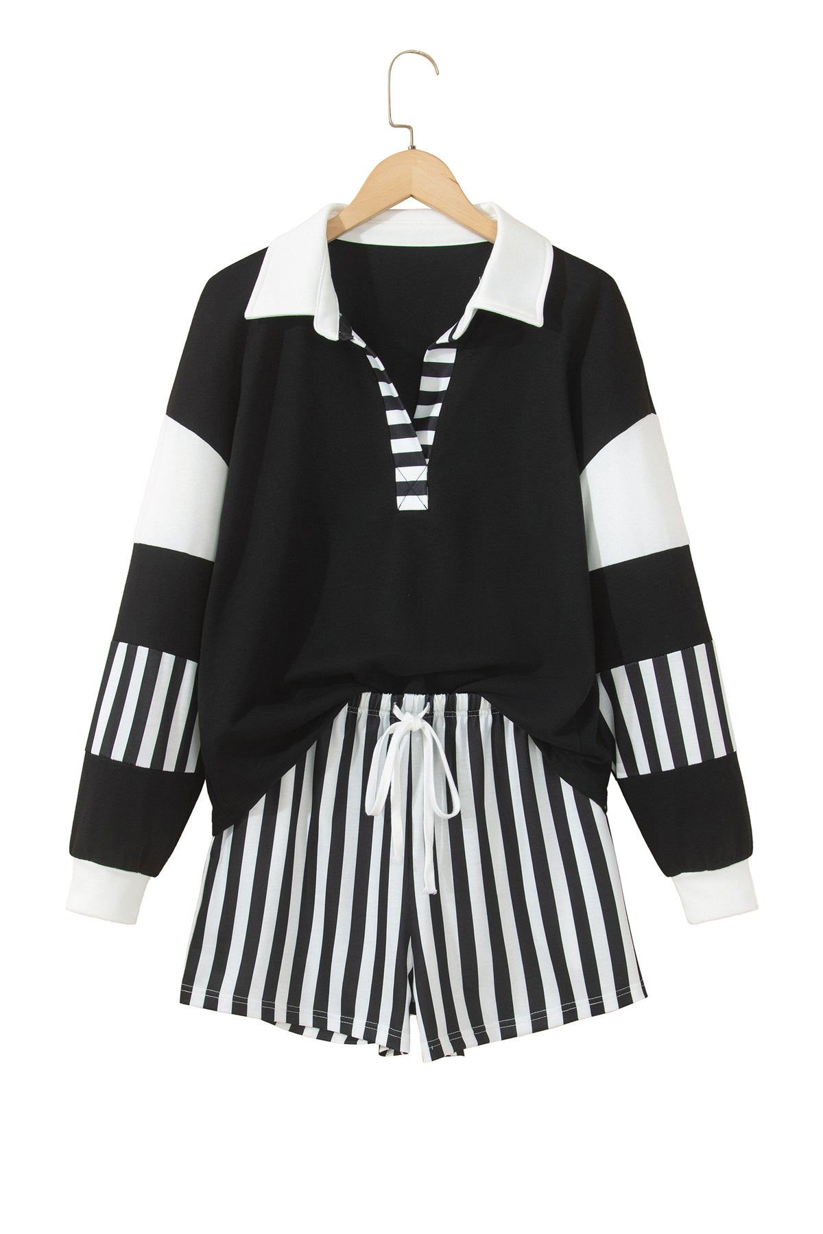 Striped Color Block Pullover Top Drawstring Shorts Set