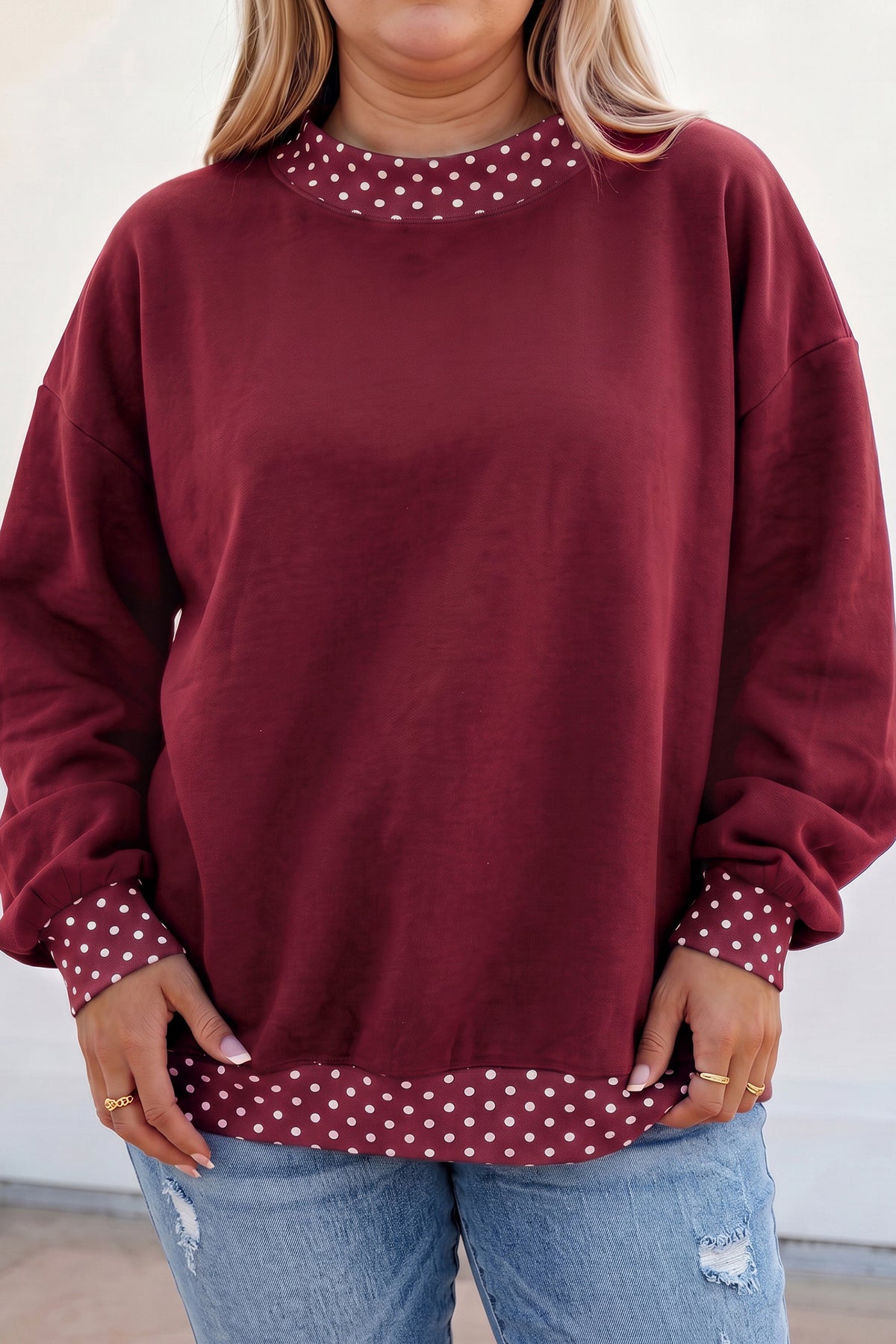 Polka Dot Patchwork Round Neck Plus Size Sweatshirt