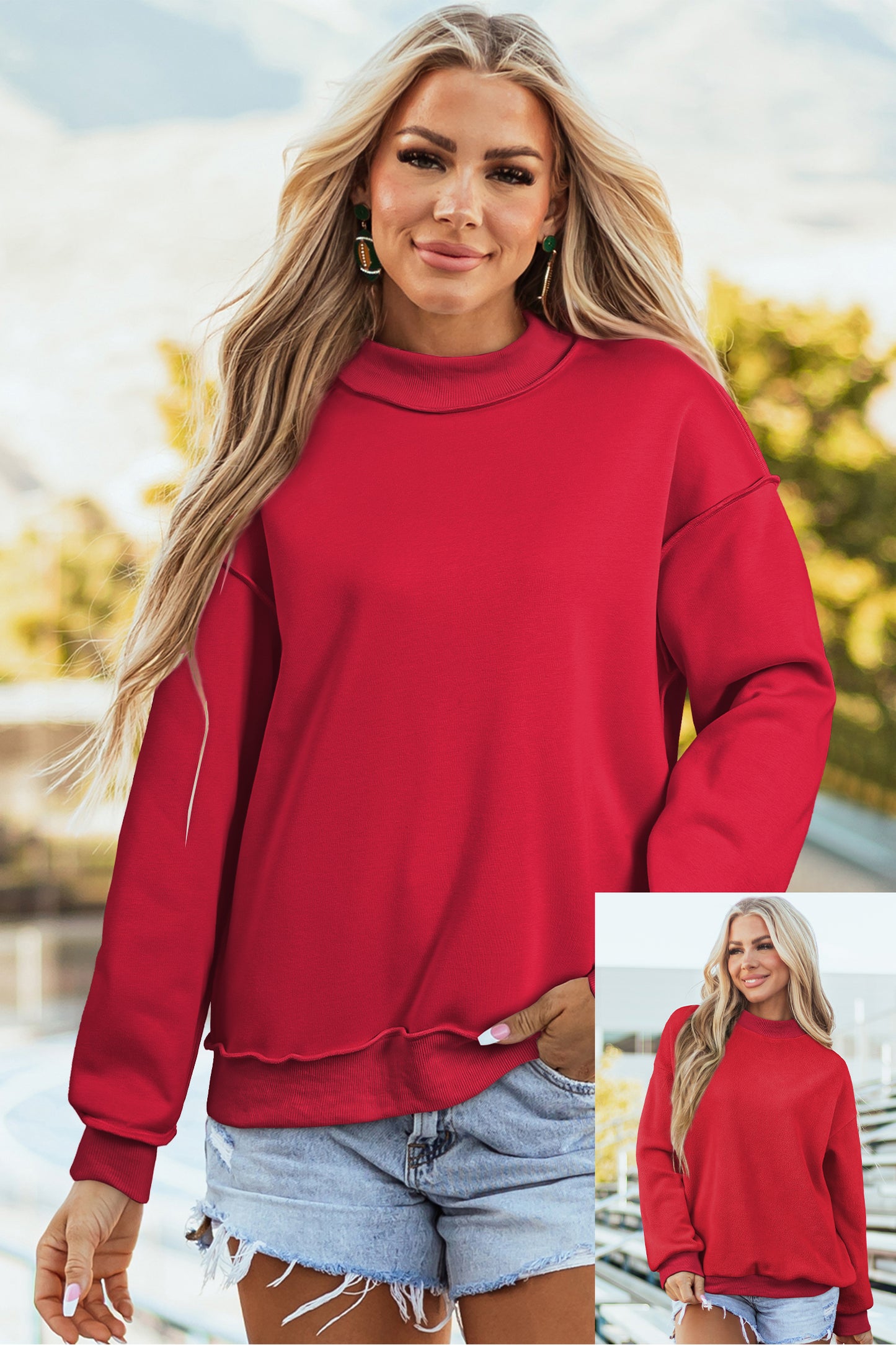 Oversized Drop Shoulder Reversible Mock Neck Sweatshirt