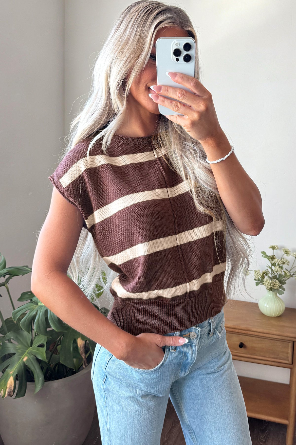 Striped Knit Short Sleeve Sweater