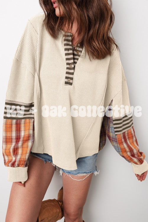Beige Waffle Stripe Plaid Patchwork Henley Knit Top