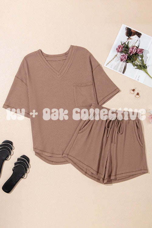 Brown Waffle Knit V Neck Lounge Set