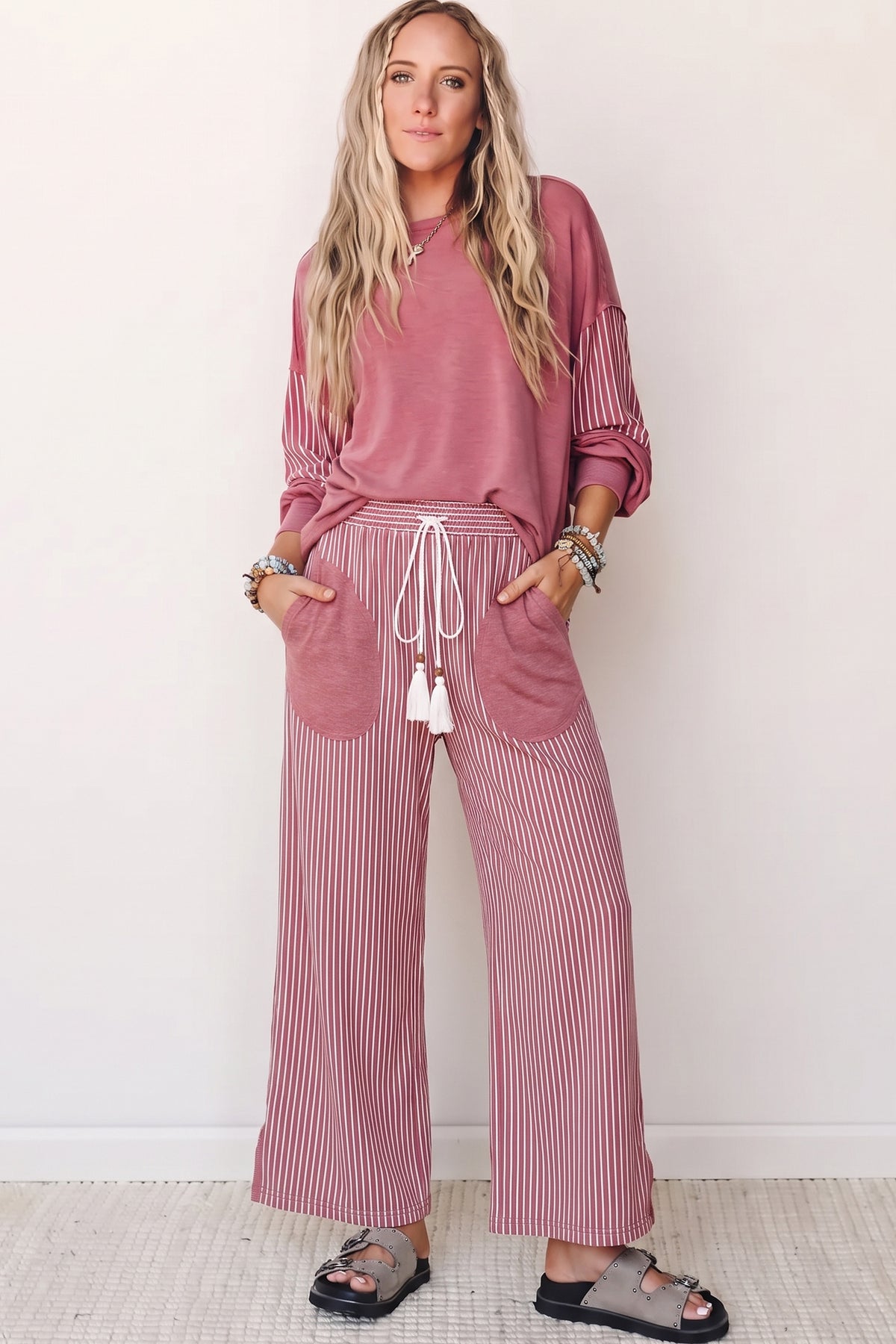 Raw Seam Patchwork Long Sleeve Top Pocket Casual Pants Set