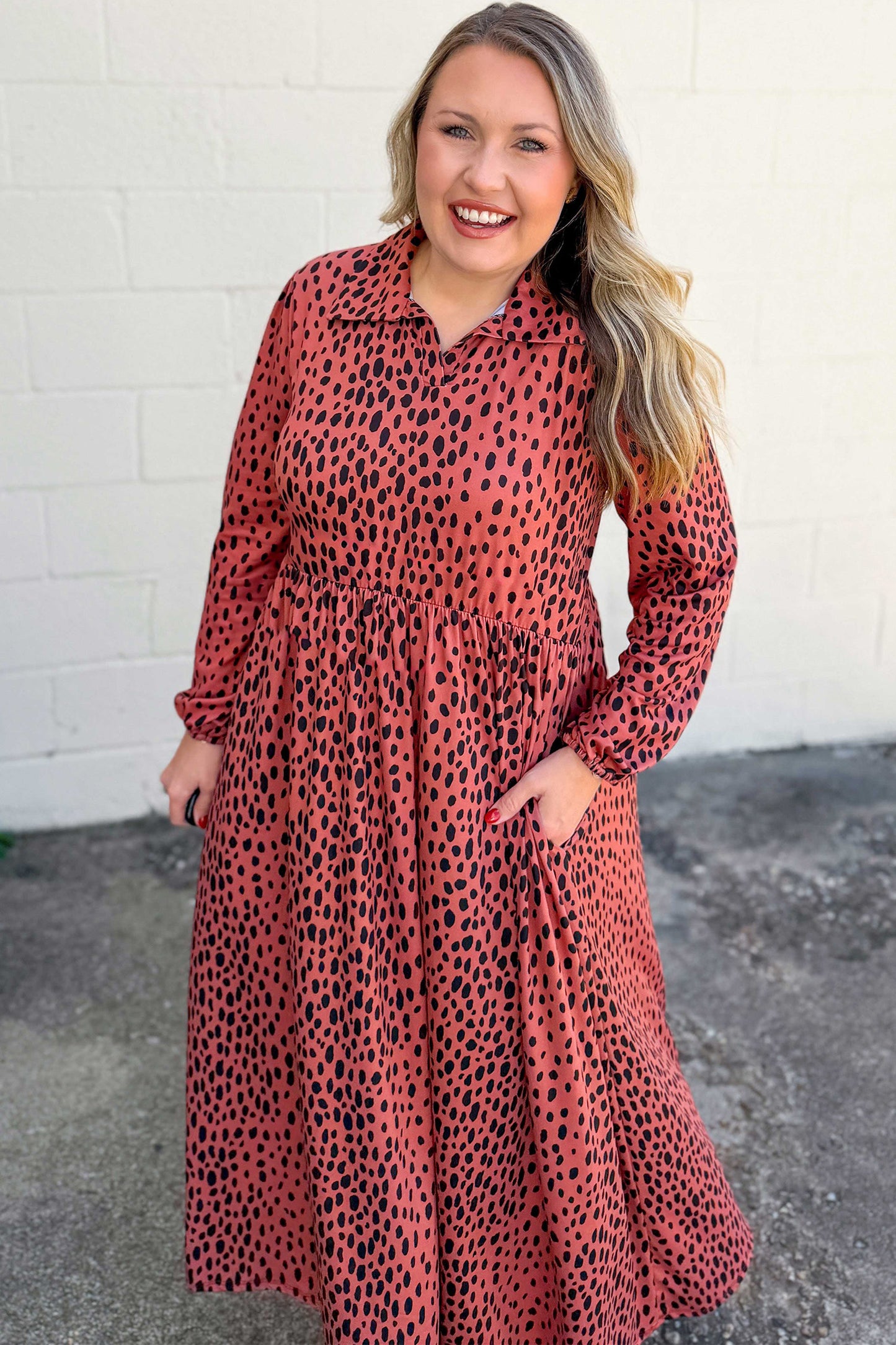 Red Leopard Print Long Sleeve V Neck Midi Dress