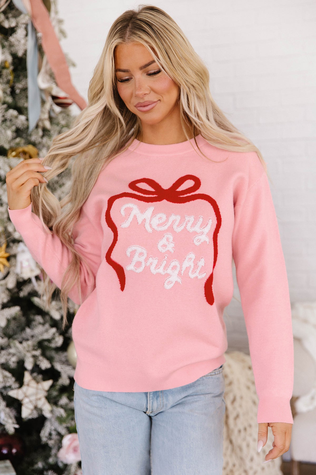 Pink Drop Shoulder Embroidery Sweater