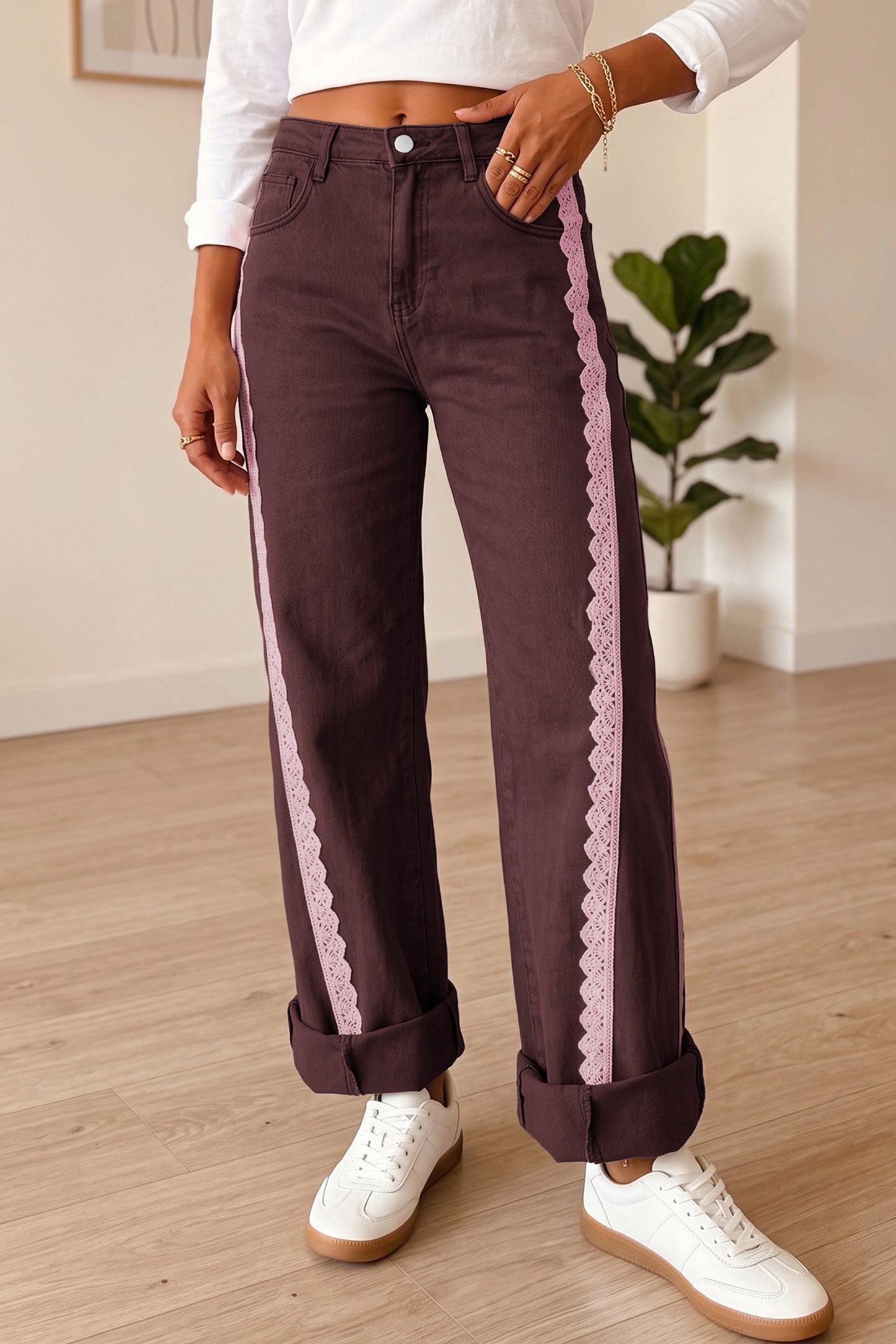 Beau Blue Lace Trim Casual Full-Length Regular Fit Jeans