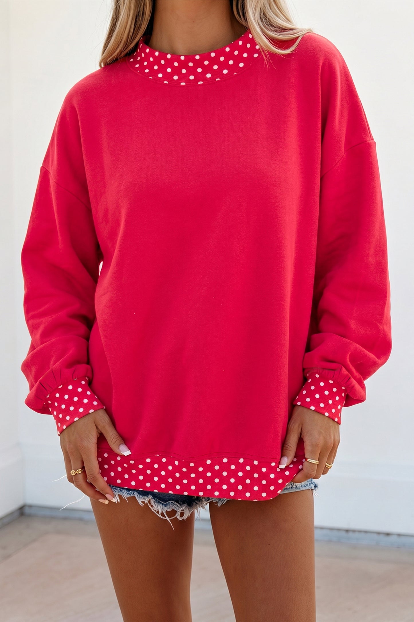 Pink Colorblock Polka Dot Contrast Trim Oversized Sweatshirt