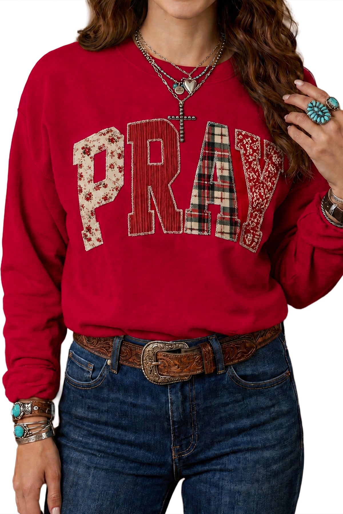 Floral Buffalo Plaid Striped Embroidered Patch Western Pullover Sweatshirt