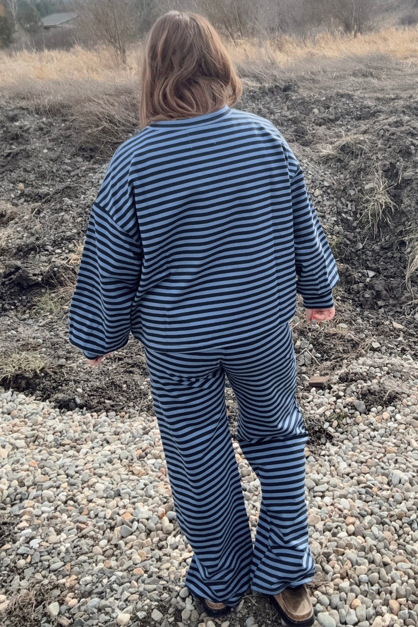 Blue Stripe Long Sleeve Drawstring Waist Plus Size Lounge Pants Set