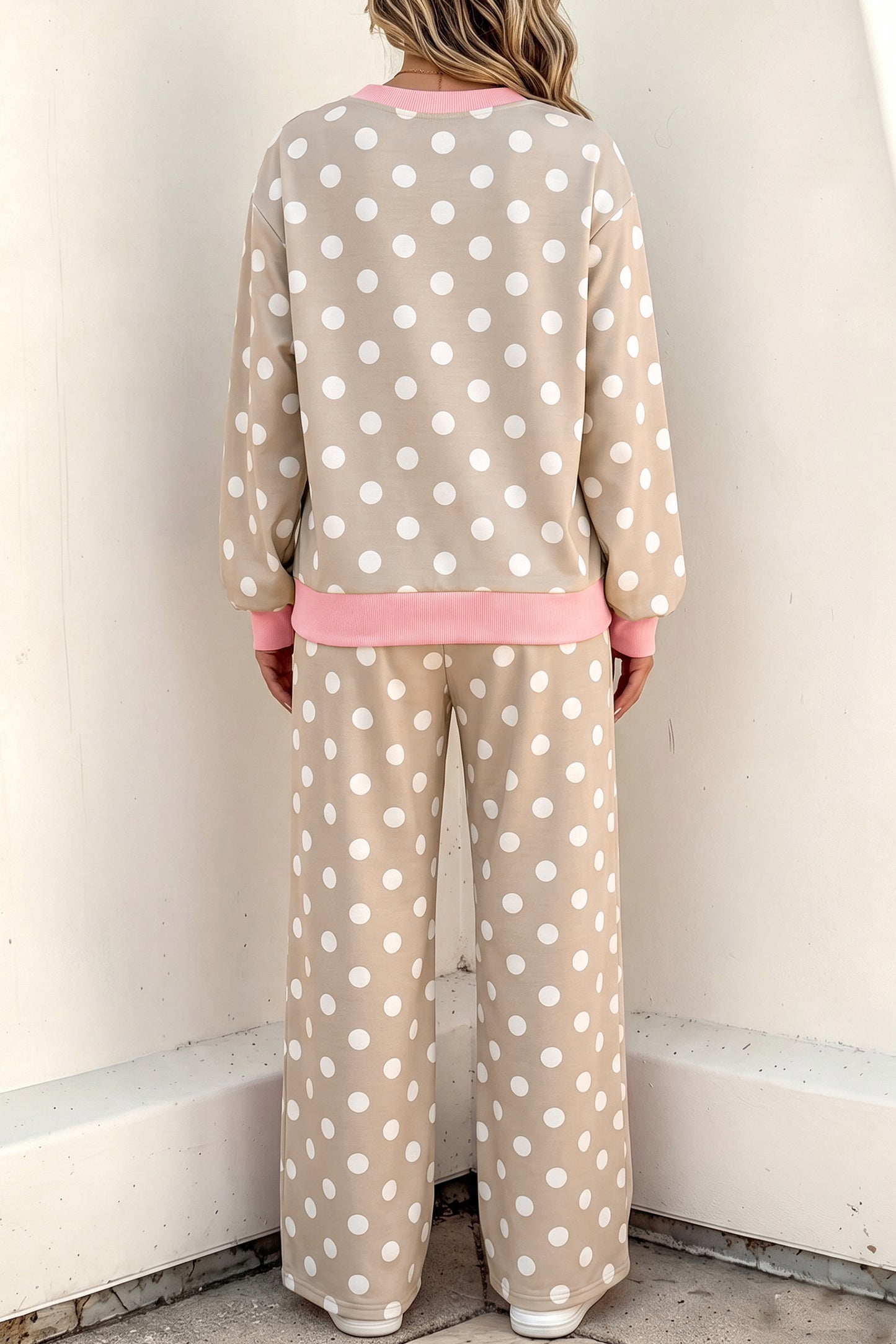 Polka Dot Contrast Trim Long Sleeve Top Drawstring Shift Pants Set