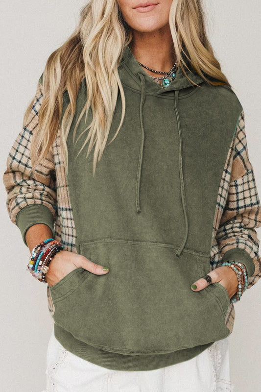 Plaid Sleeve Drawstring Pocket Hooded Sweatshirt