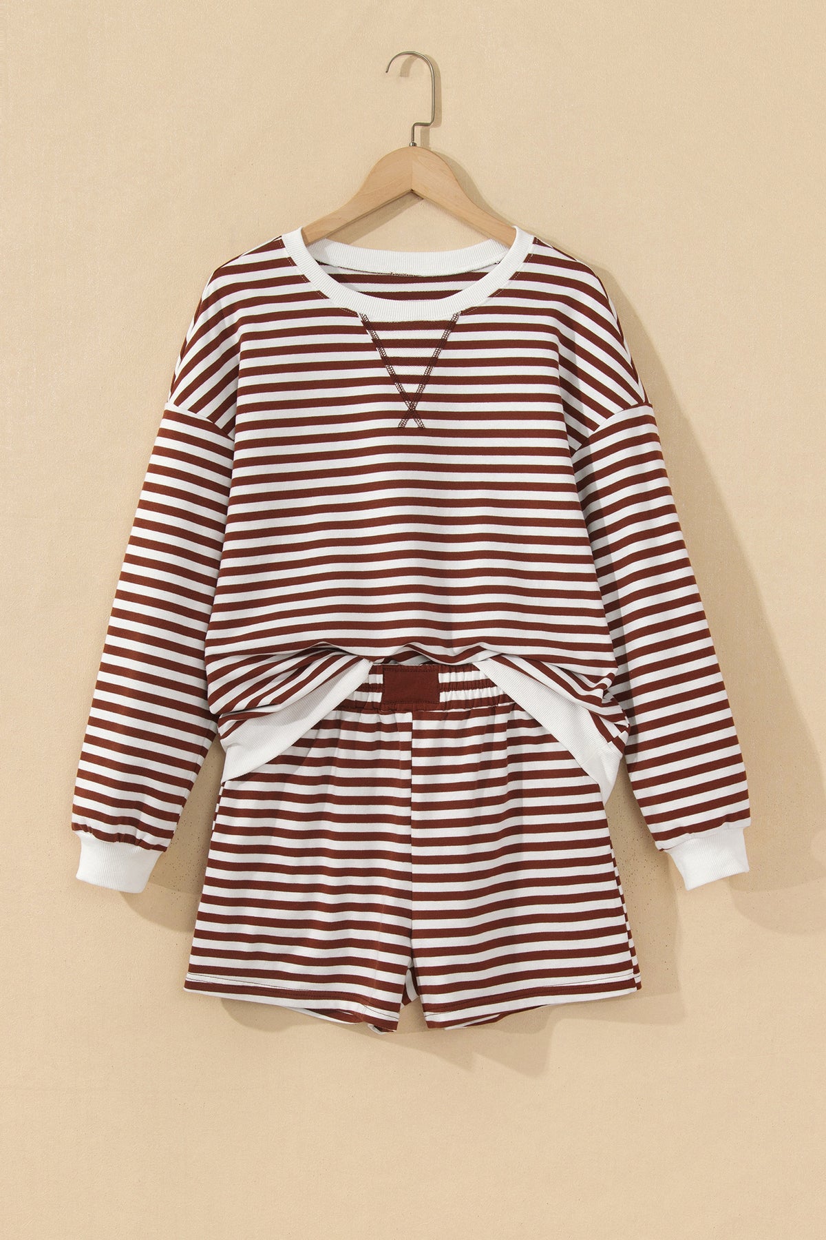 Stripe Drop Shoulder Long Sleeve Pullover Elastic Waist Casual Short Set