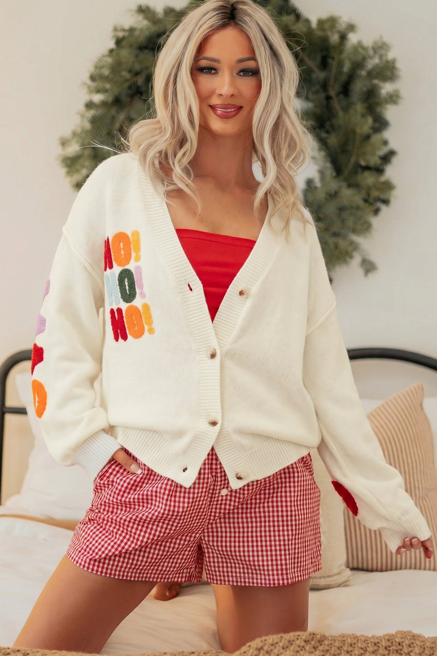 White Ho Ho Ho Button Front Embroidered Knit Cardigan