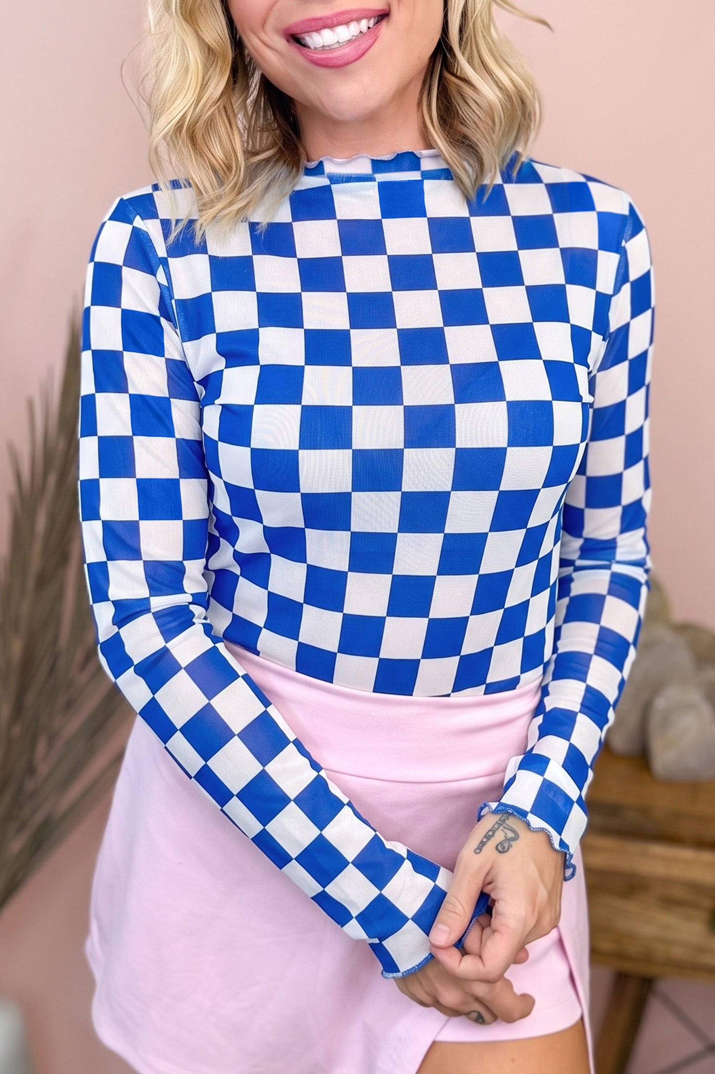 Checkered Long Sleeve Mesh Top