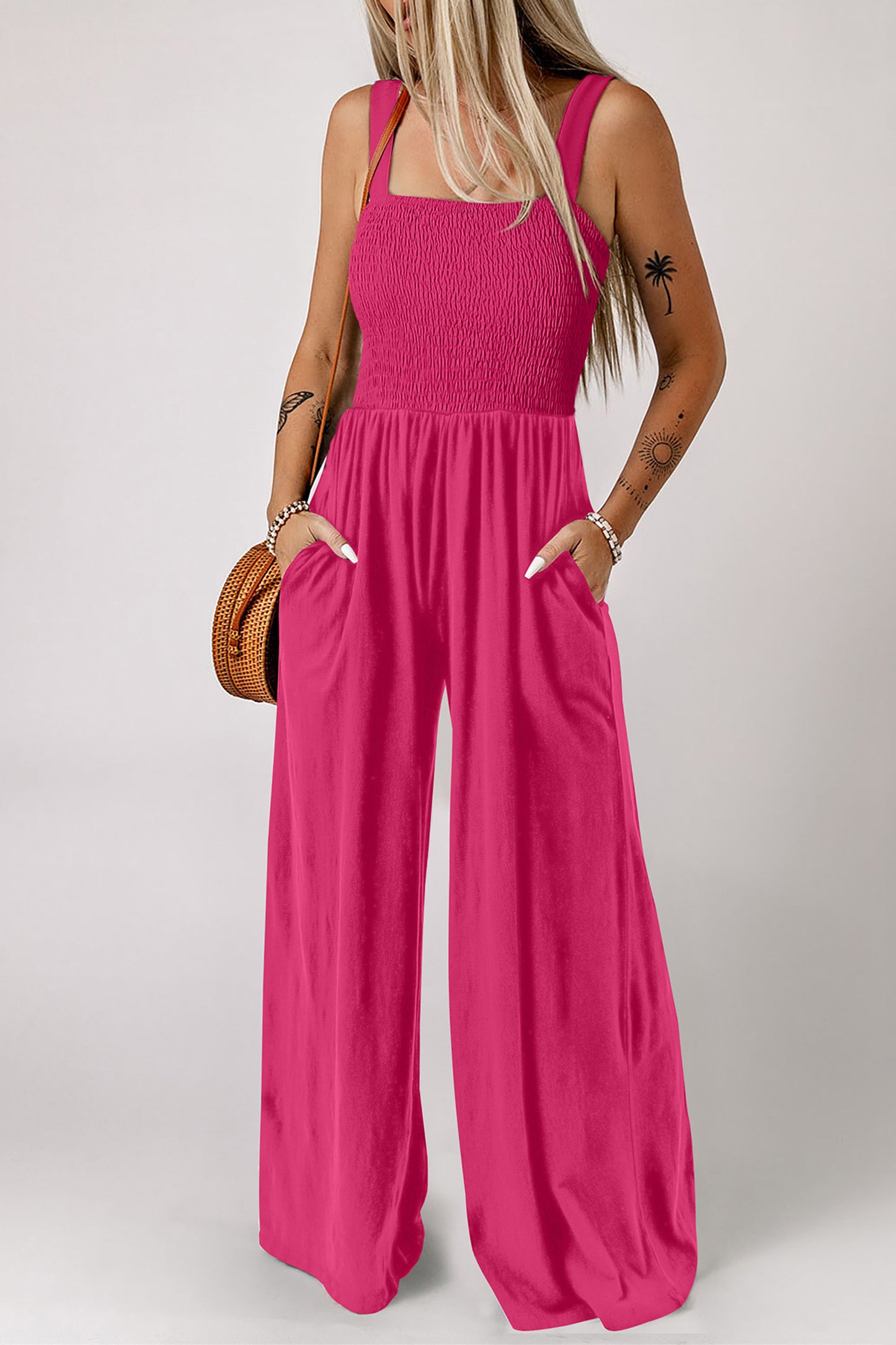 Smocked Square Neck Sleeveless Jumpsuit with Pockets