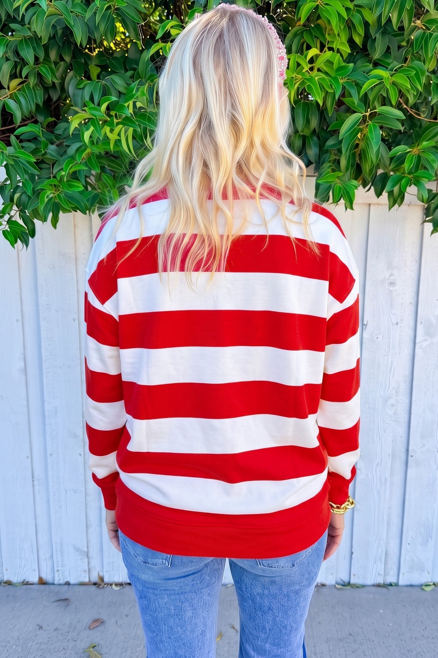 Striped Holly Jolly Embroidered Pullover Sweatshirt