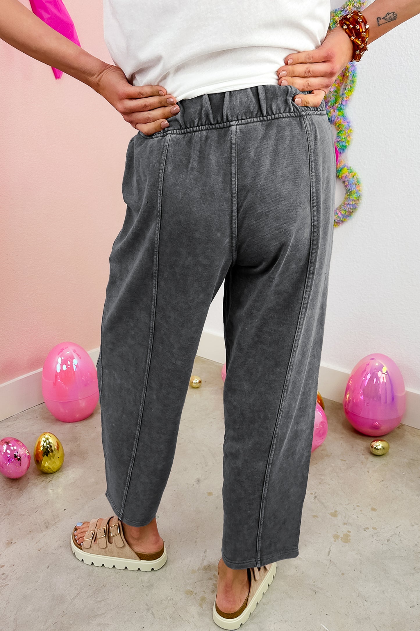 Mineral Wash Seam Detail Elastic Waist Barrel Pants