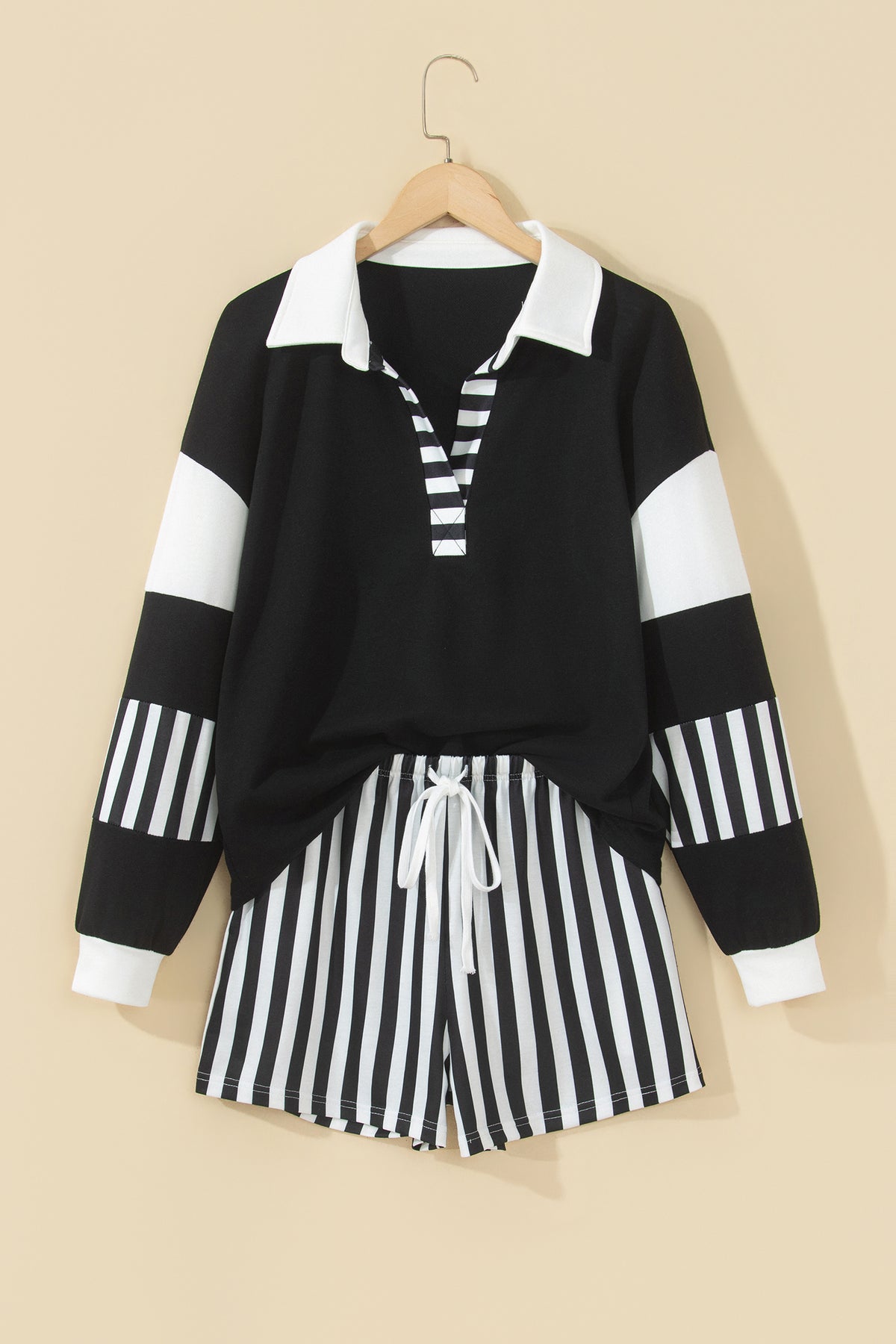 Striped Color Block Pullover Top Drawstring Shorts Set
