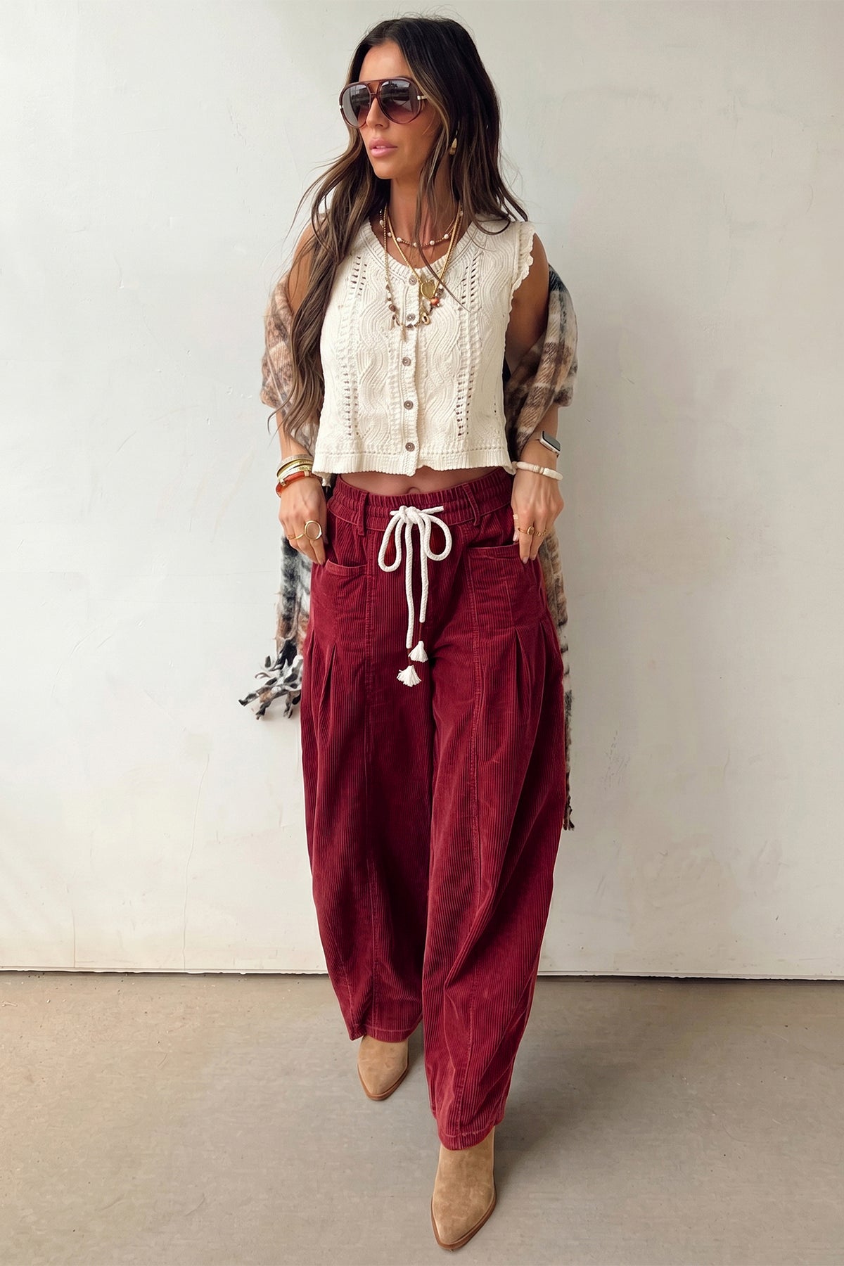 Elastic Waist Drawstring Corduroy Casual Pants