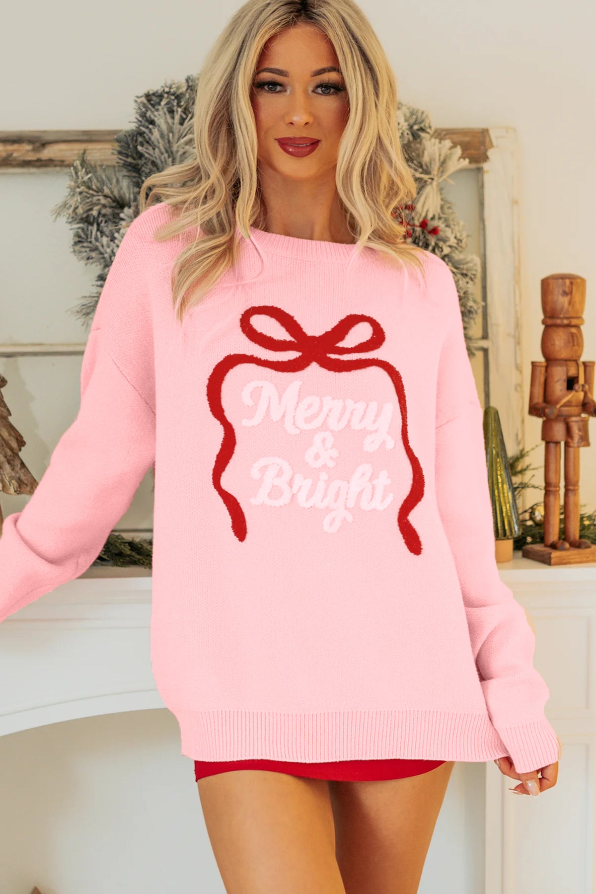Pink Drop Shoulder Embroidery Sweater