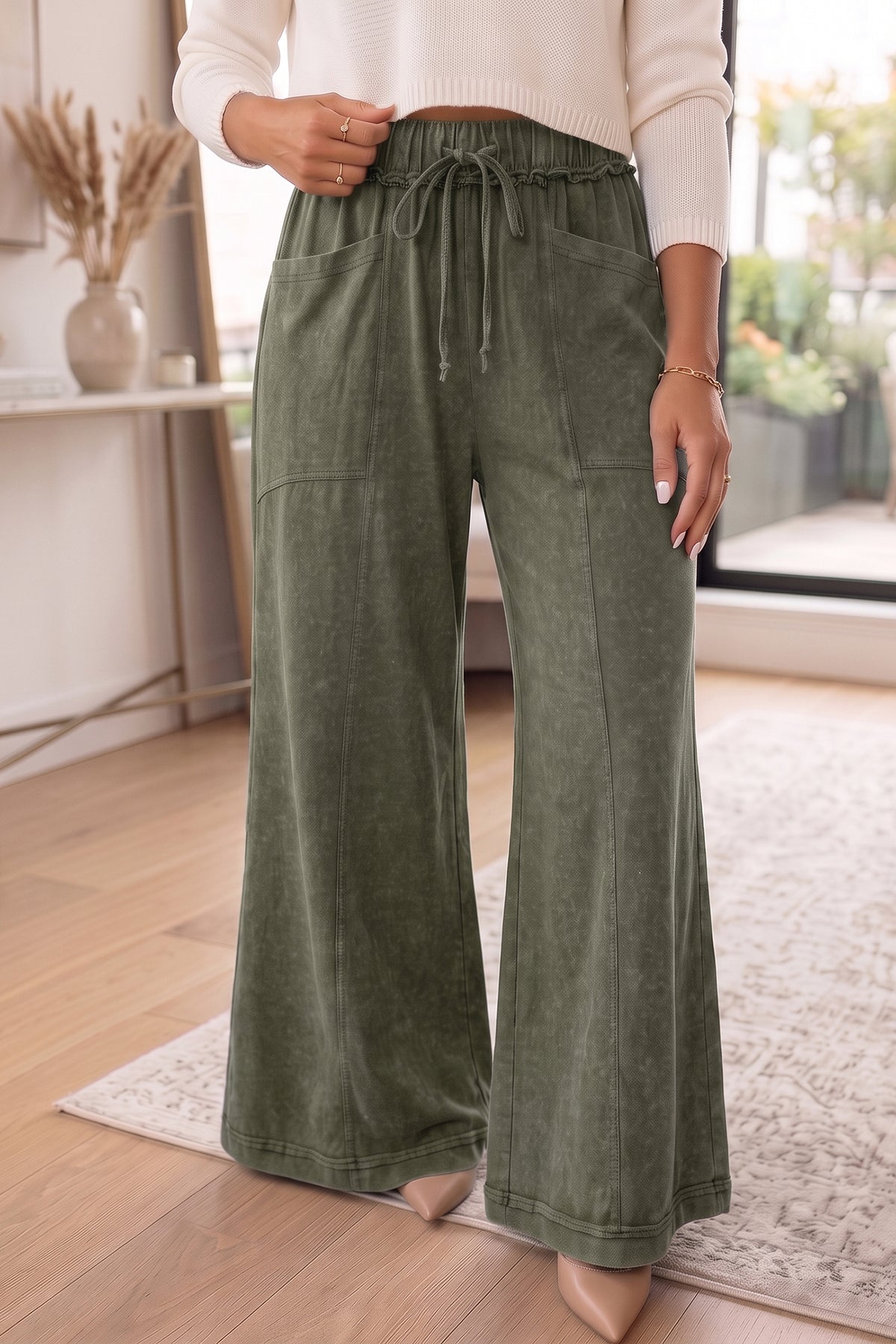 Mineral Wash Seam Detail Flare Leg Drawstring Pants