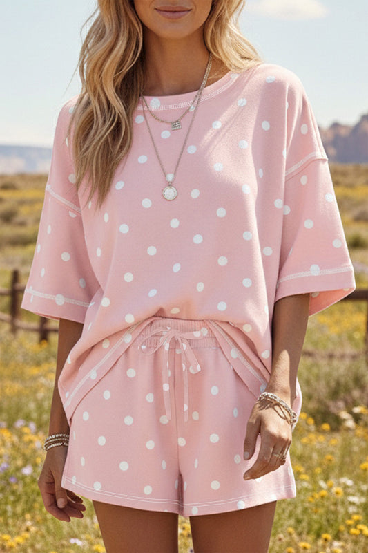 Pink Polka Dot Short Sleeve Loose Top Drawstring Shorts Set