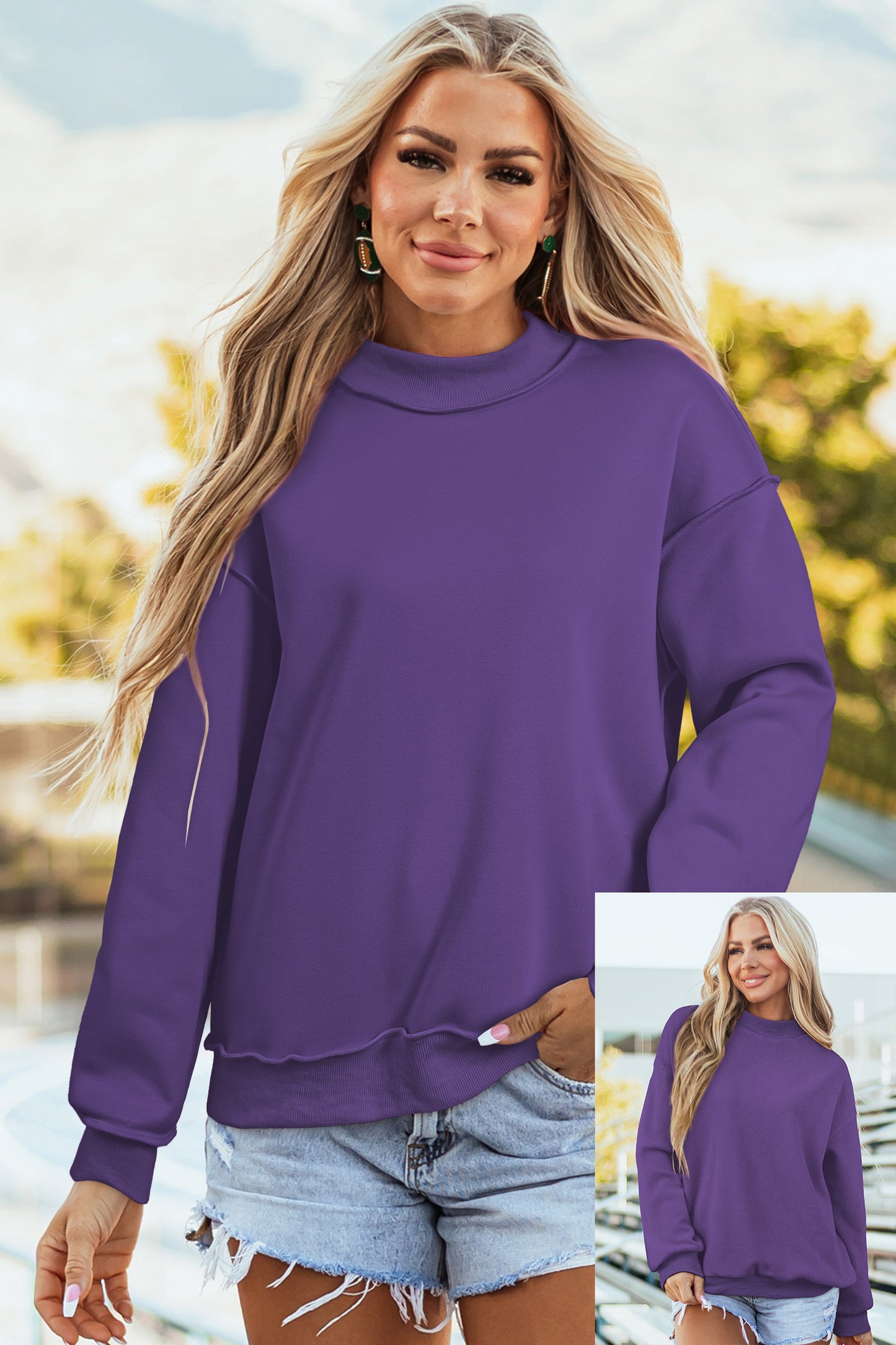 Oversized Drop Shoulder Reversible Mock Neck Sweatshirt