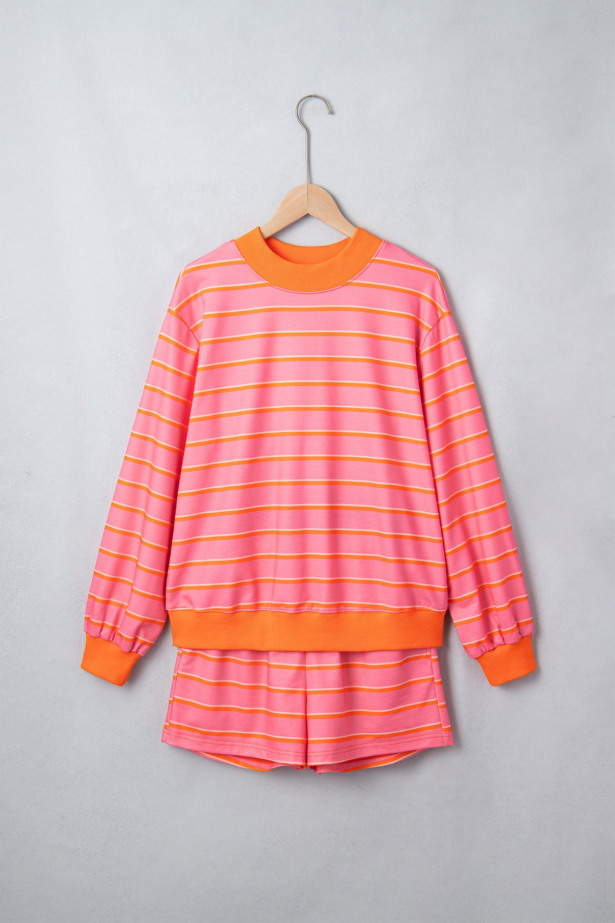 Striped Color Block Trim Long Sleeve Pullover Pocketed Shorts Set