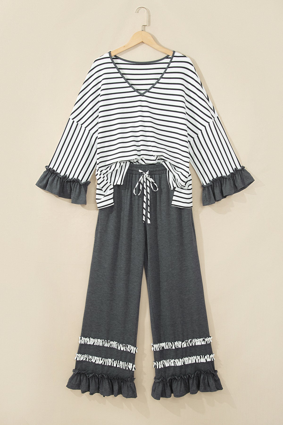 Striped V Neck Ruffle Contrast Sleeve Top Drawstring Pants Set