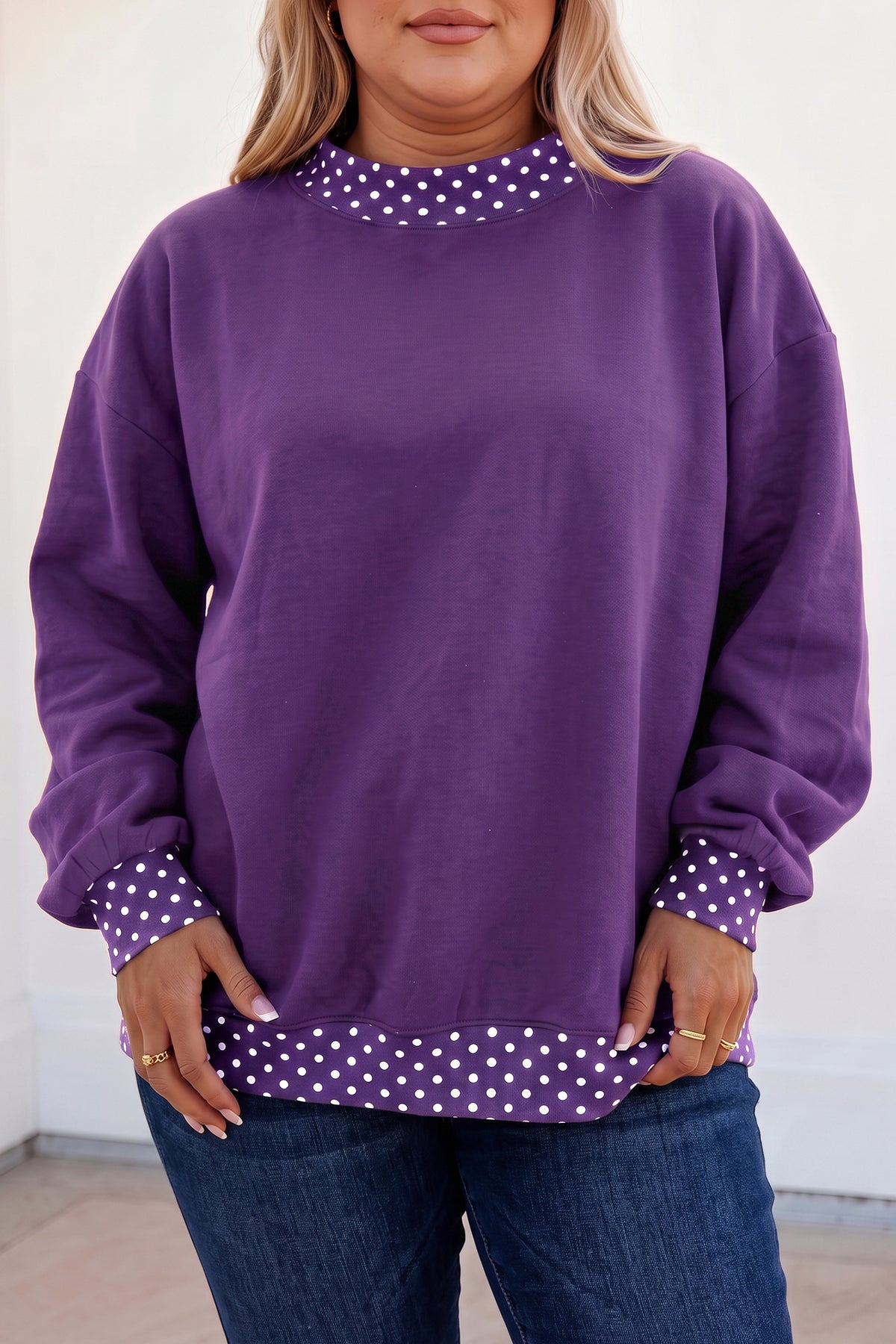 Polka Dot Patchwork Round Neck Plus Size Sweatshirt