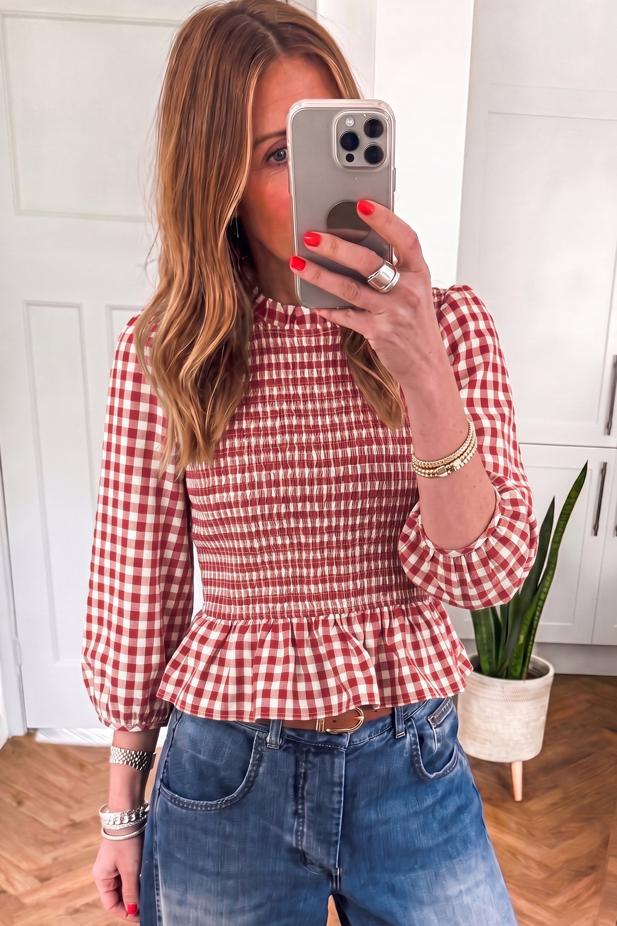 Shirred Plaid Peplum Top