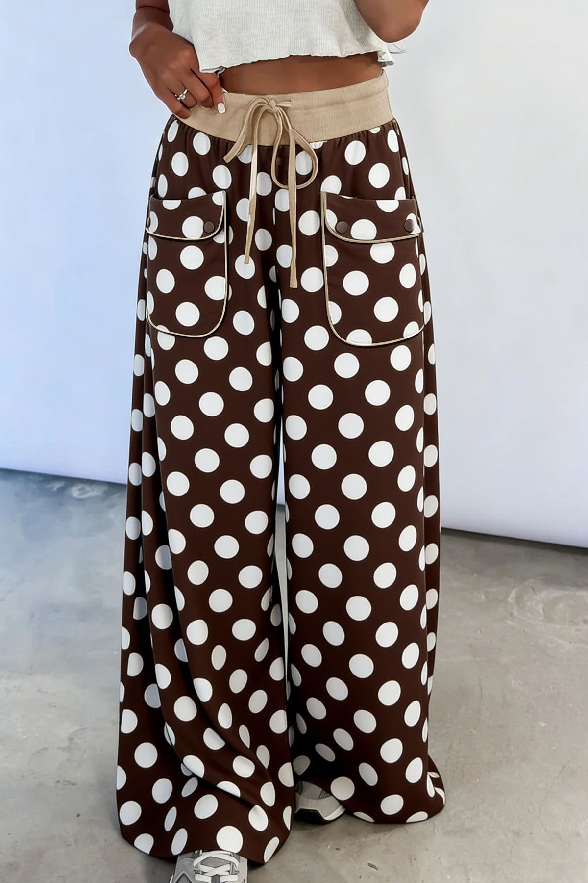 Polka Dot Drawstring Pocket Wide Leg Pants