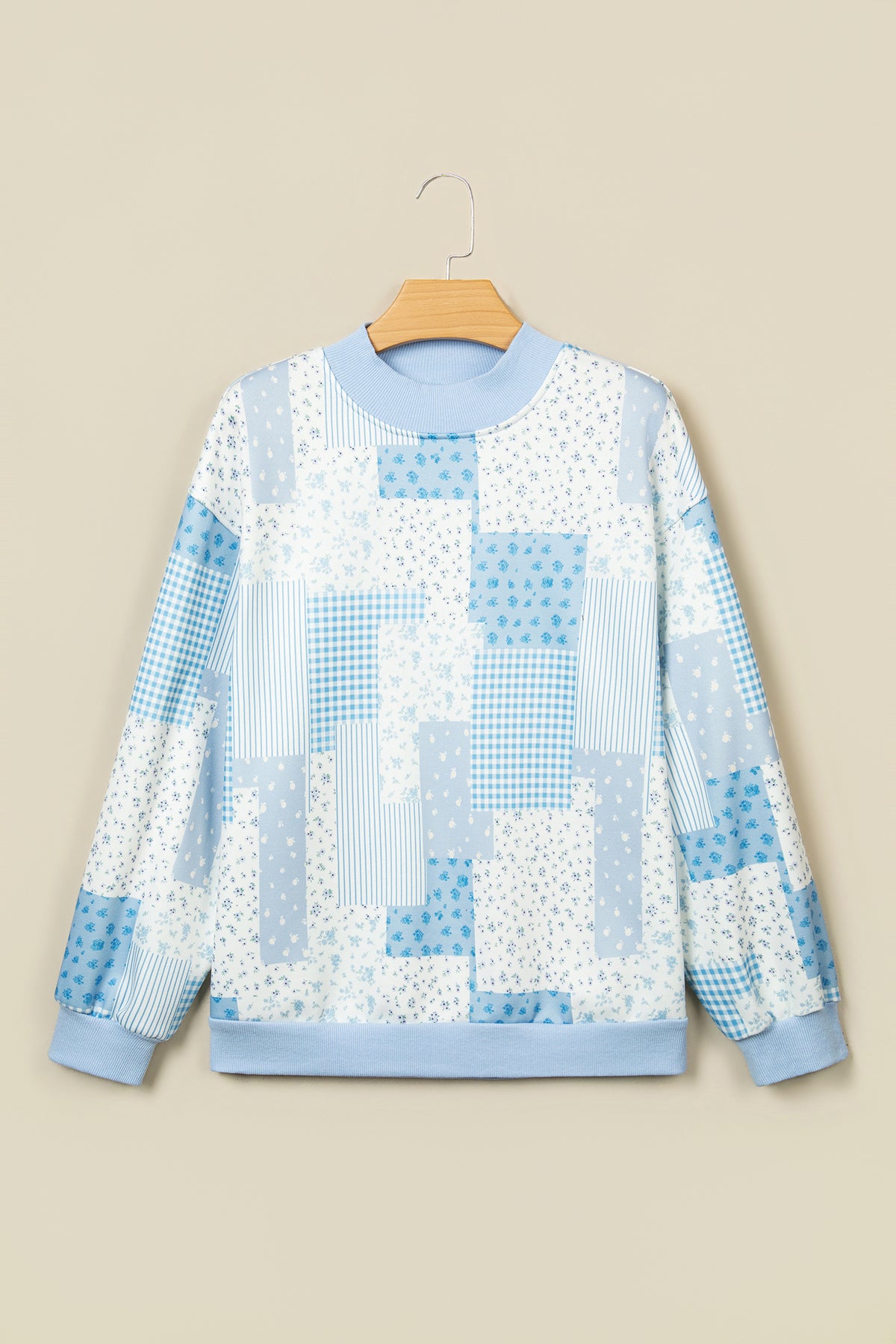Patchwork Floral Print Mock Neck Long Sleeve Sweatshirt