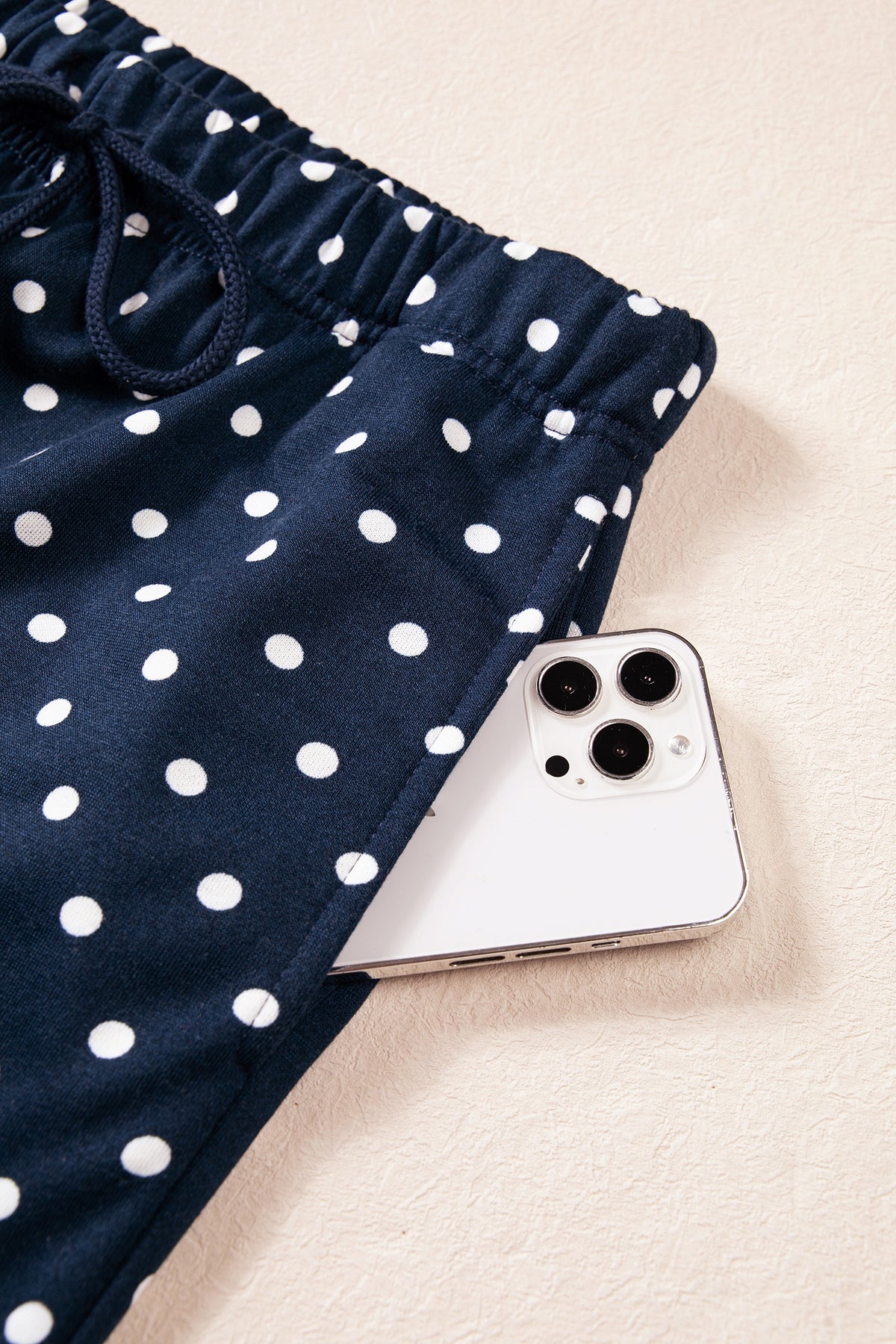 Polka Dot Drawstring Wide Leg Long Sleeve Top Pant Set