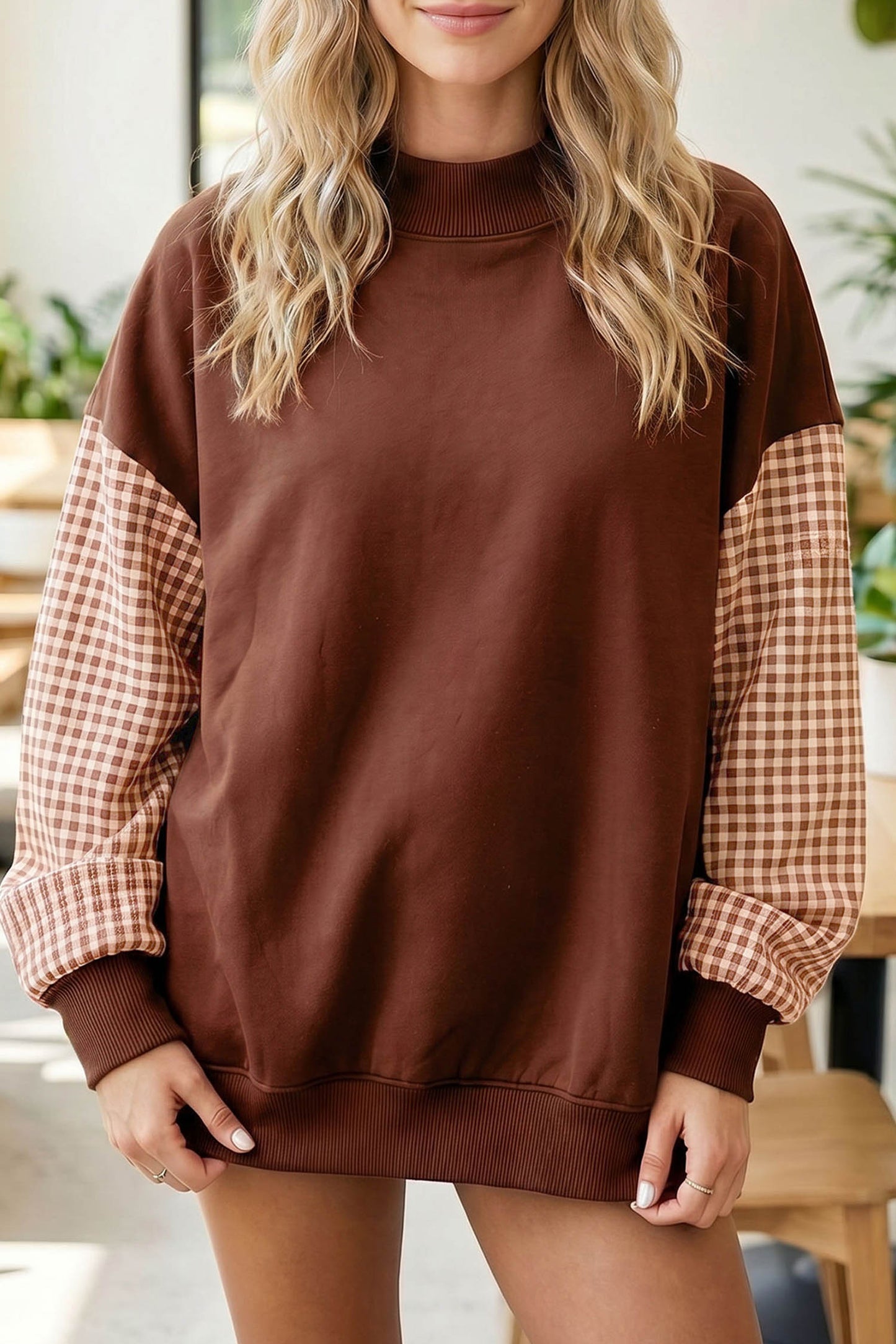 Plaid Sleeve Colorblock Loose Sweatshirt