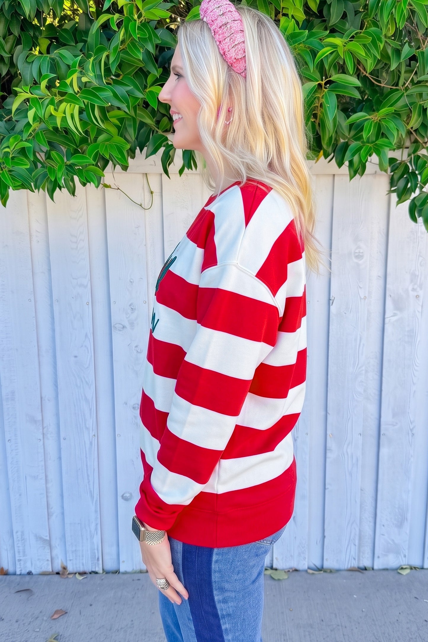 Striped Holly Jolly Embroidered Pullover Sweatshirt
