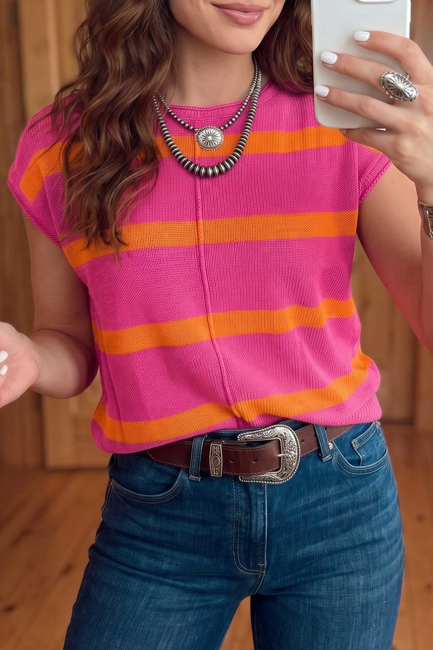 Striped Knit Short Sleeve Sweater