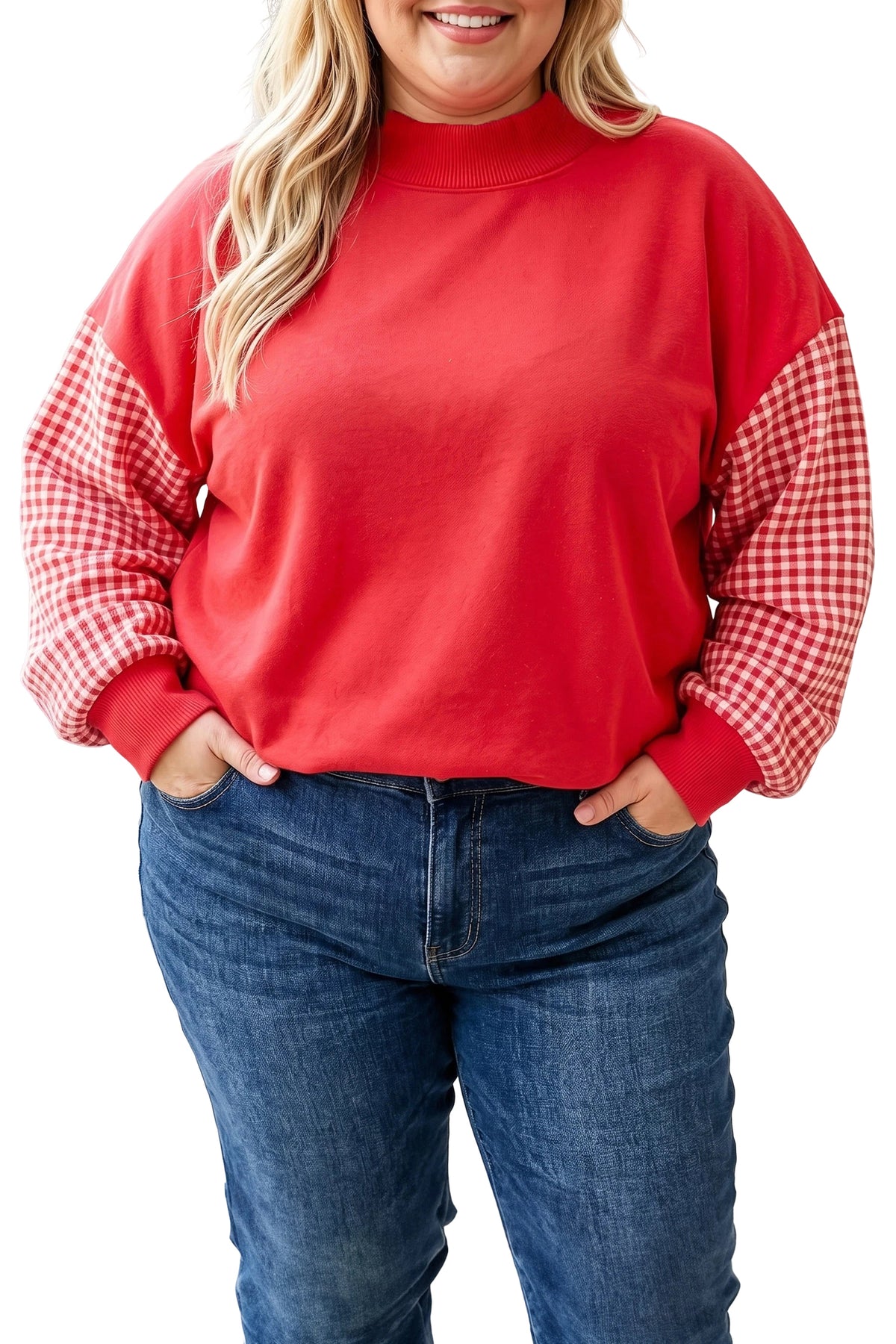 Patchwork Plaid Loose Fit Long Sleeve Plus Size Sweatshirt