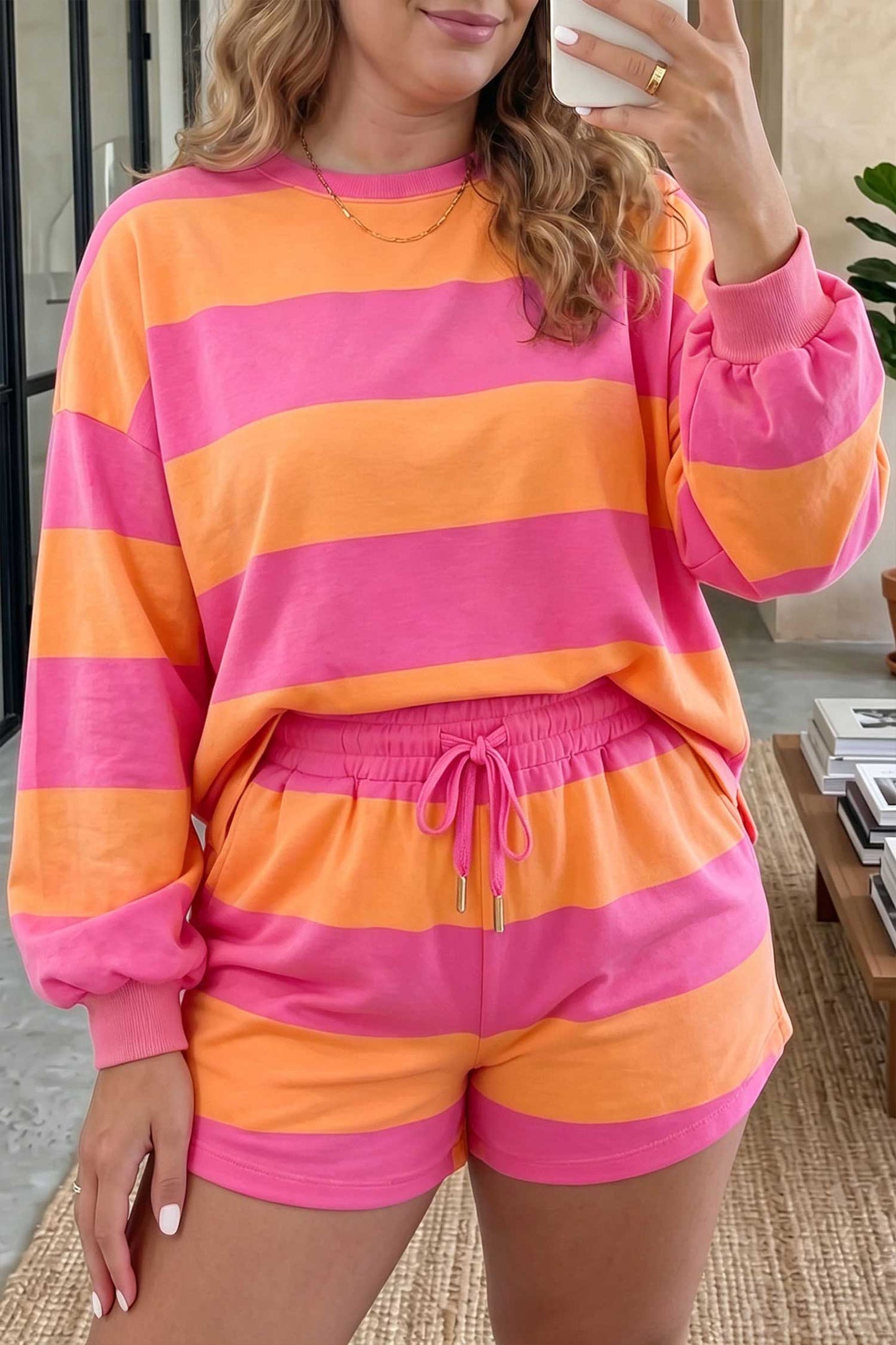 Pink + Orange Stripe Plus Size Long Sleeve Top Drawstring Short Set