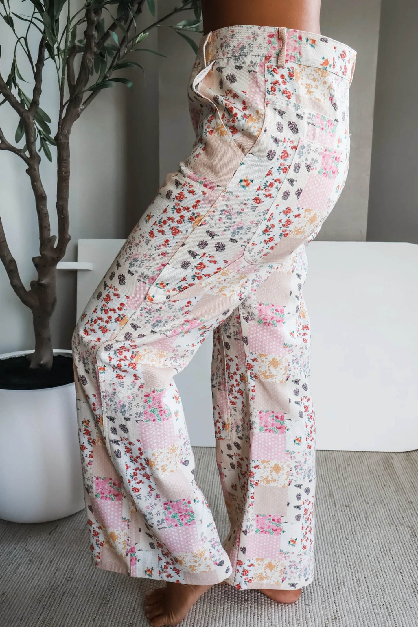 Pink Floral Patchwork Wide Leg Full Length Jeans