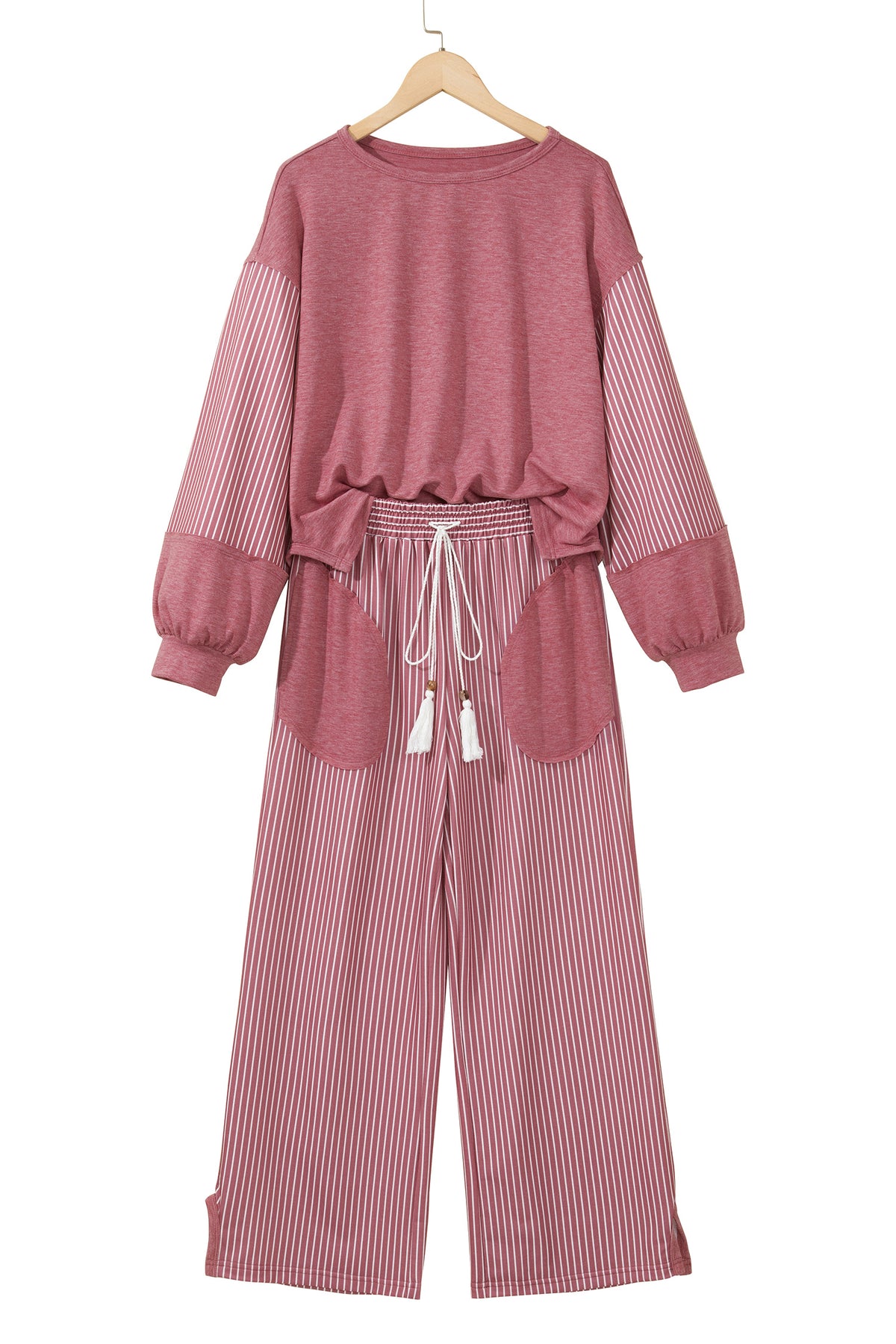 Raw Seam Patchwork Long Sleeve Top Pocket Casual Pants Set