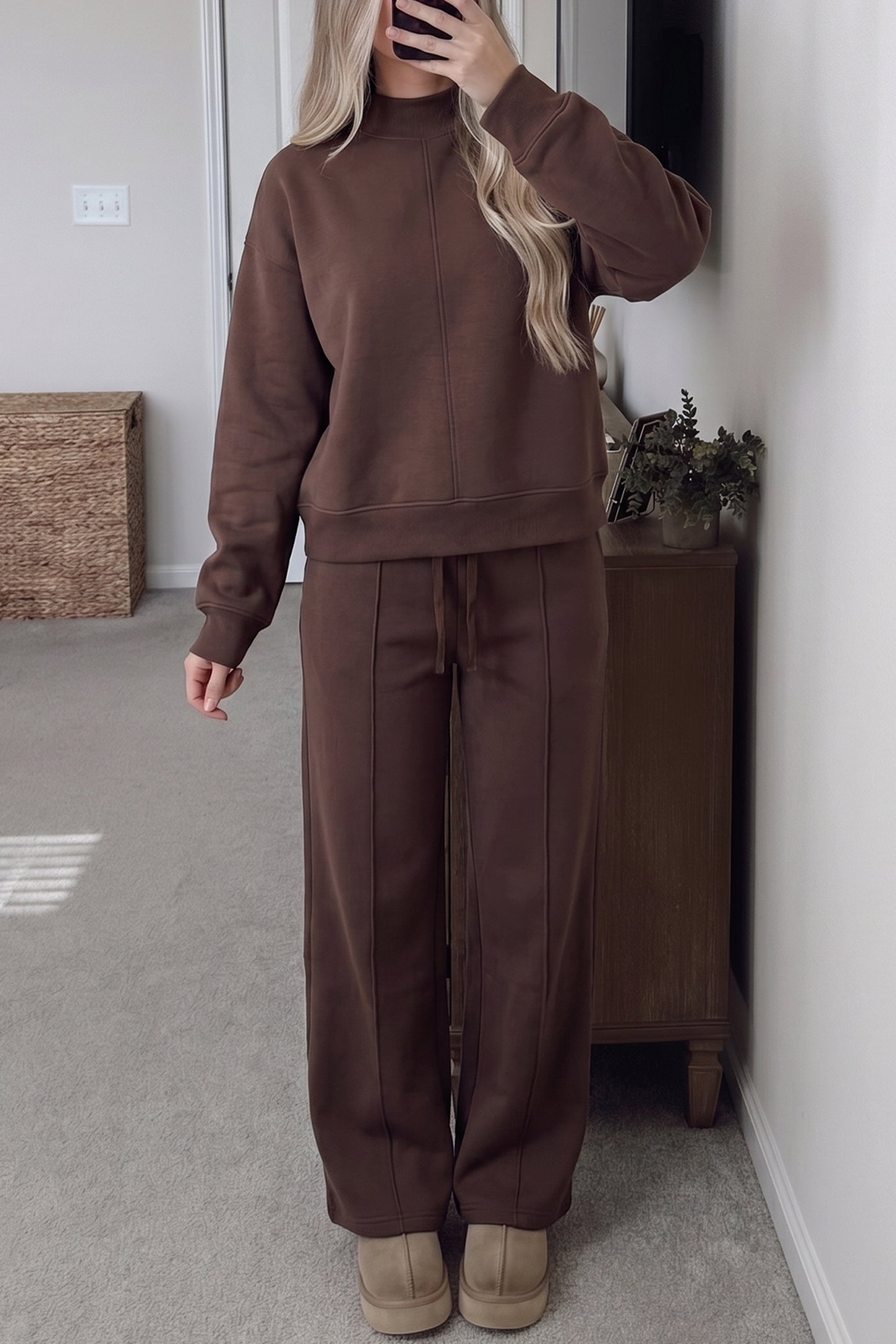 Coffee Solid Color Mock Neck Pullover Drawstring Pants Set