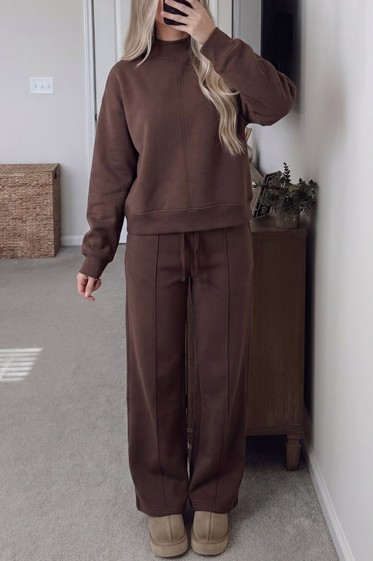 Coffee Solid Color Mock Neck Pullover Drawstring Pants Set
